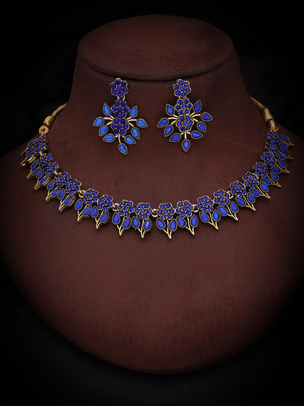 Tehzeeb Creations Blue Colour Gold Pleated Stone Studded Necklace With Earrings Tehzeeb Creations