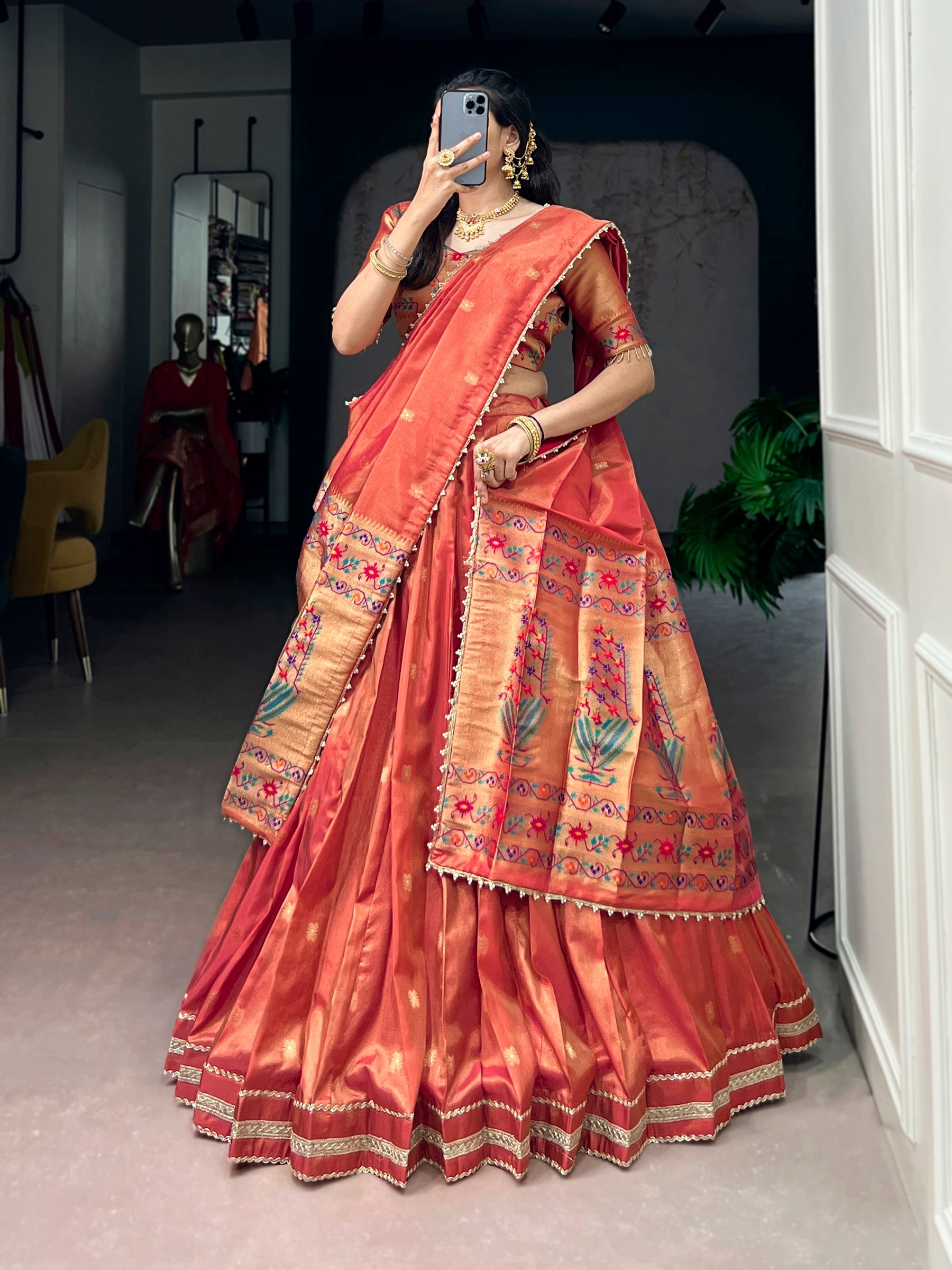 Lorenvalley Fashion Coral Shimmer Zari Weaving Work With Less Touch Up Lehenga Choli With Dupatta