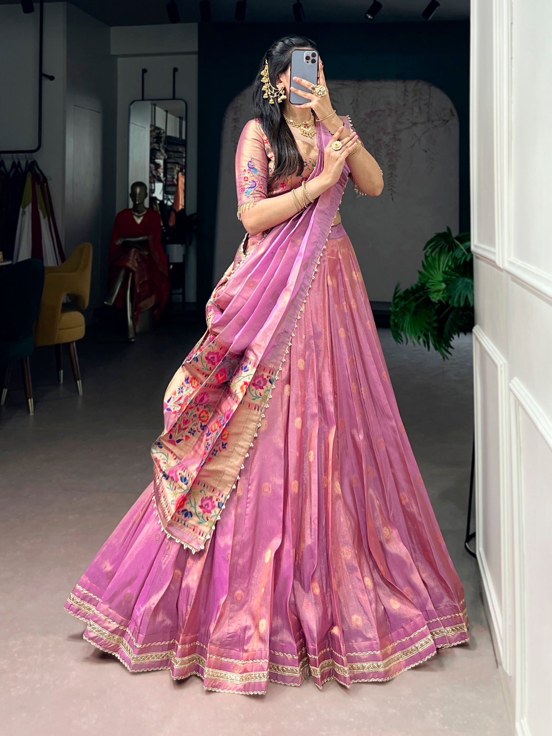 Lorenvalley Fashion Light Pink Shimmer Zari Weaving Work With Less Touch Up Lehenga Choli With Dupatta