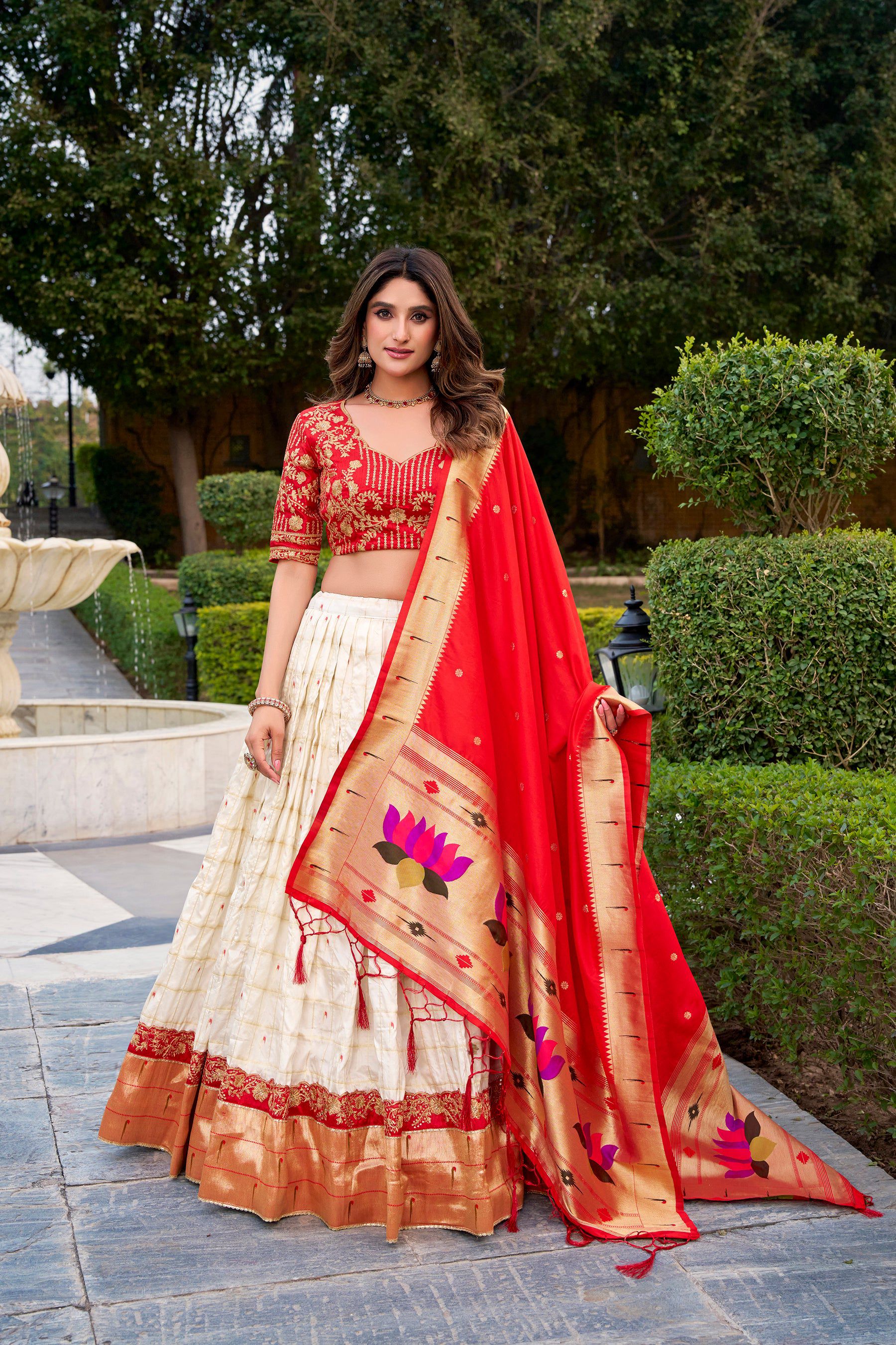 Lorenvalley Fashion White Silk Paithani Zari Weaving Work With Sequins And Thread Embroidery Lace Border Lehenga Choli With Dupatta