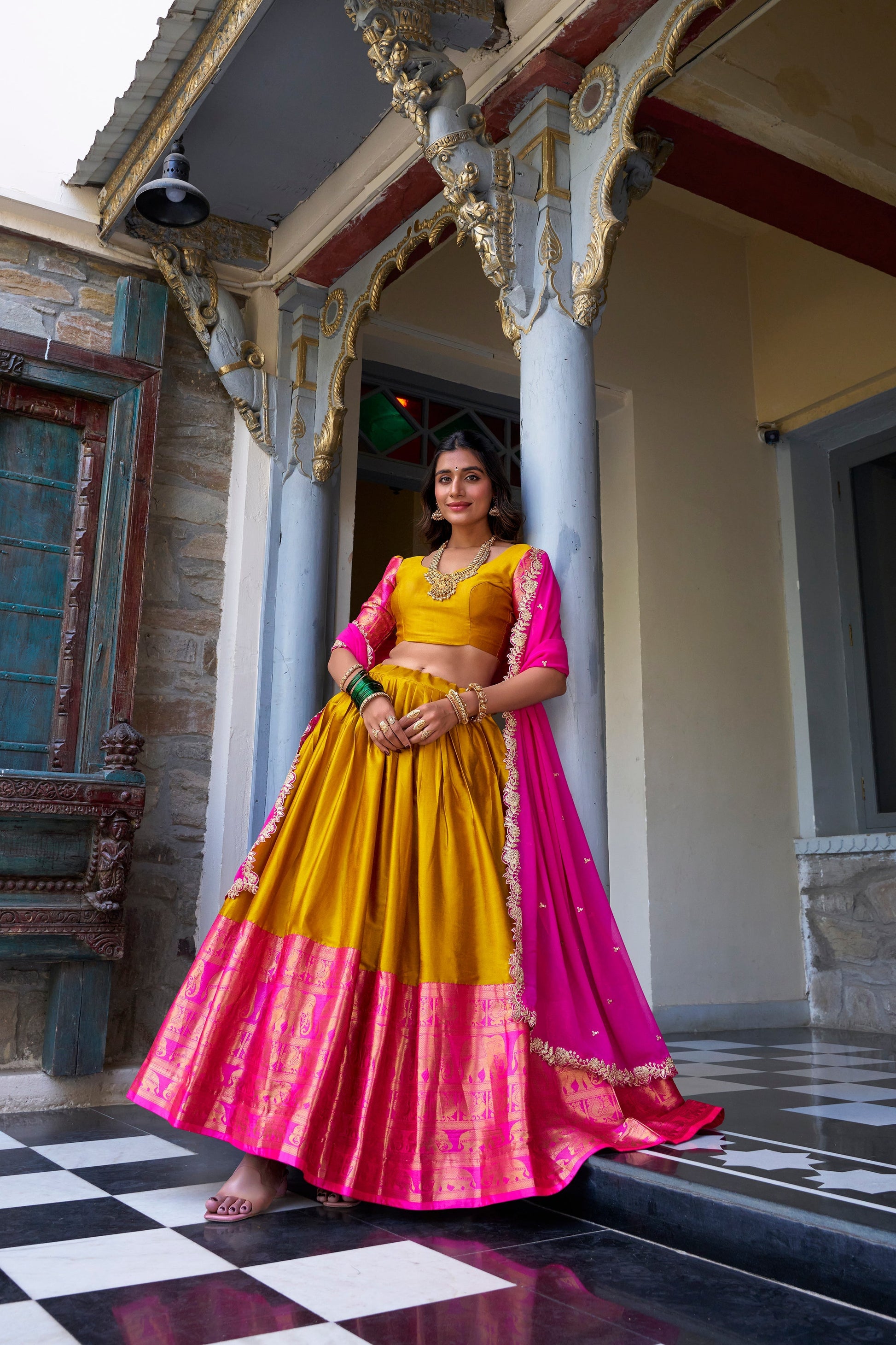 Lorenvalley Mustard Narayan Pattu Fabric with Zari Weaving Work Lehenga Choli 