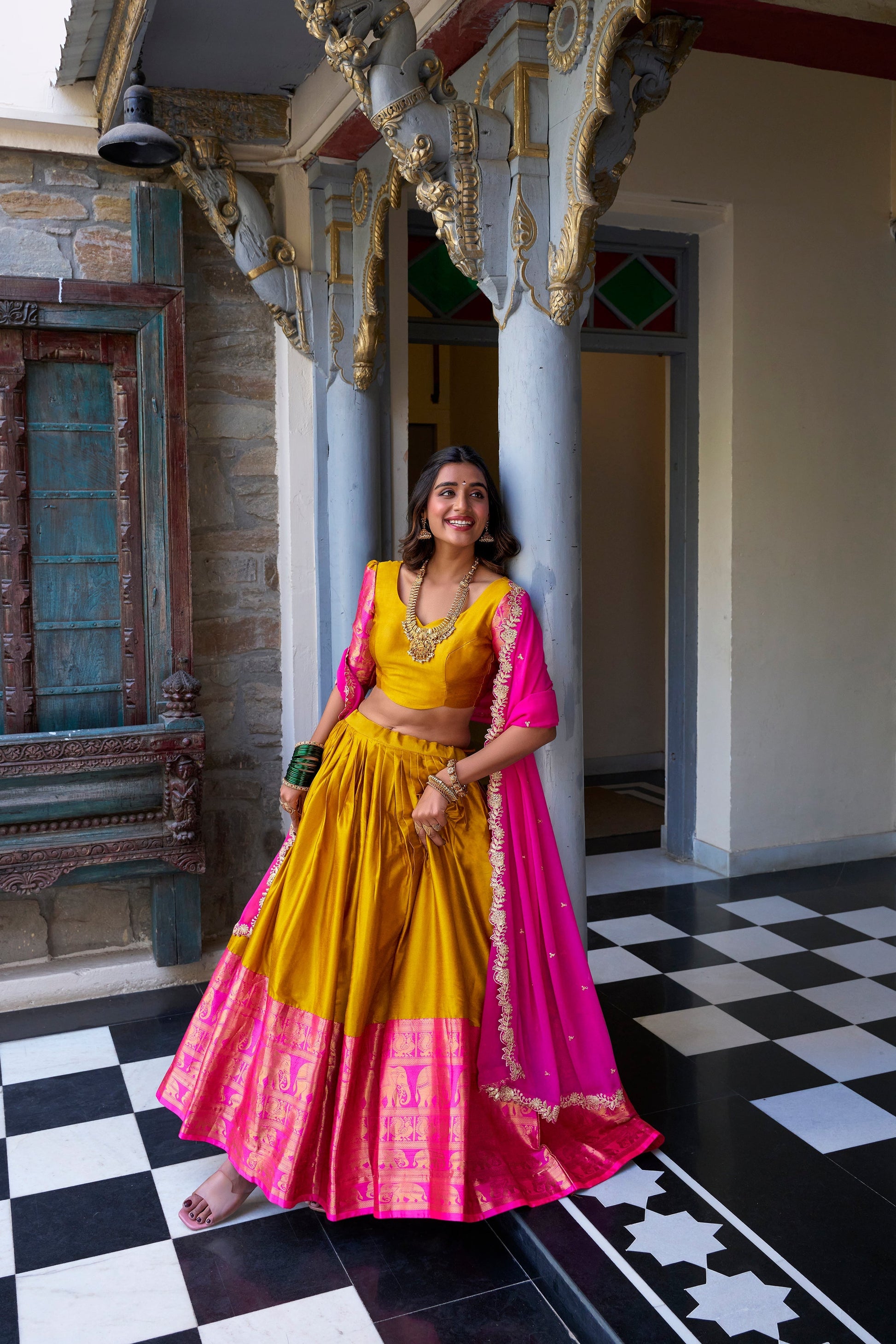 Lorenvalley Mustard Narayan Pattu Fabric with Zari Weaving Work Lehenga Choli 