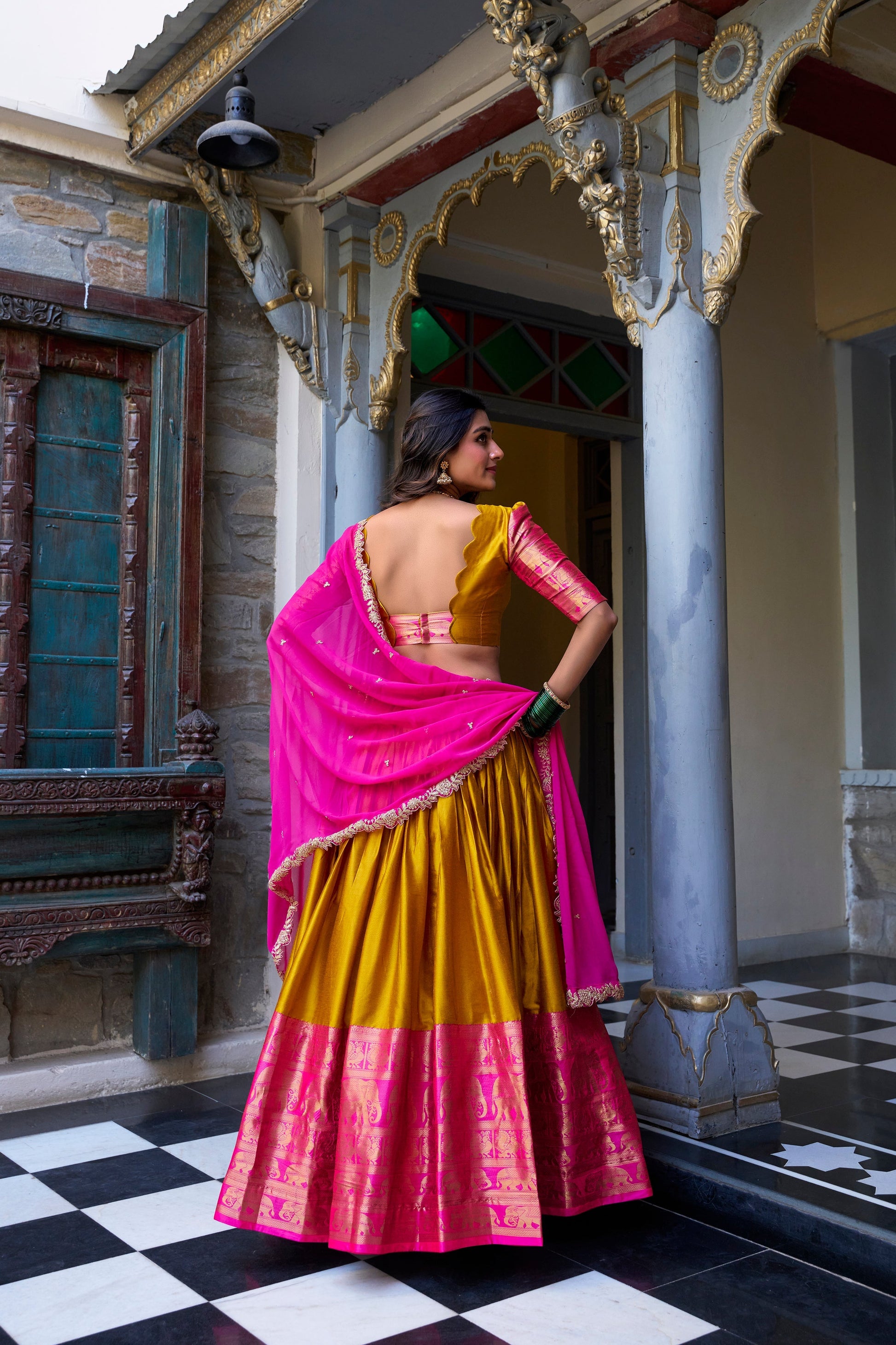 Lorenvalley Mustard Narayan Pattu Fabric with Zari Weaving Work Lehenga Choli 