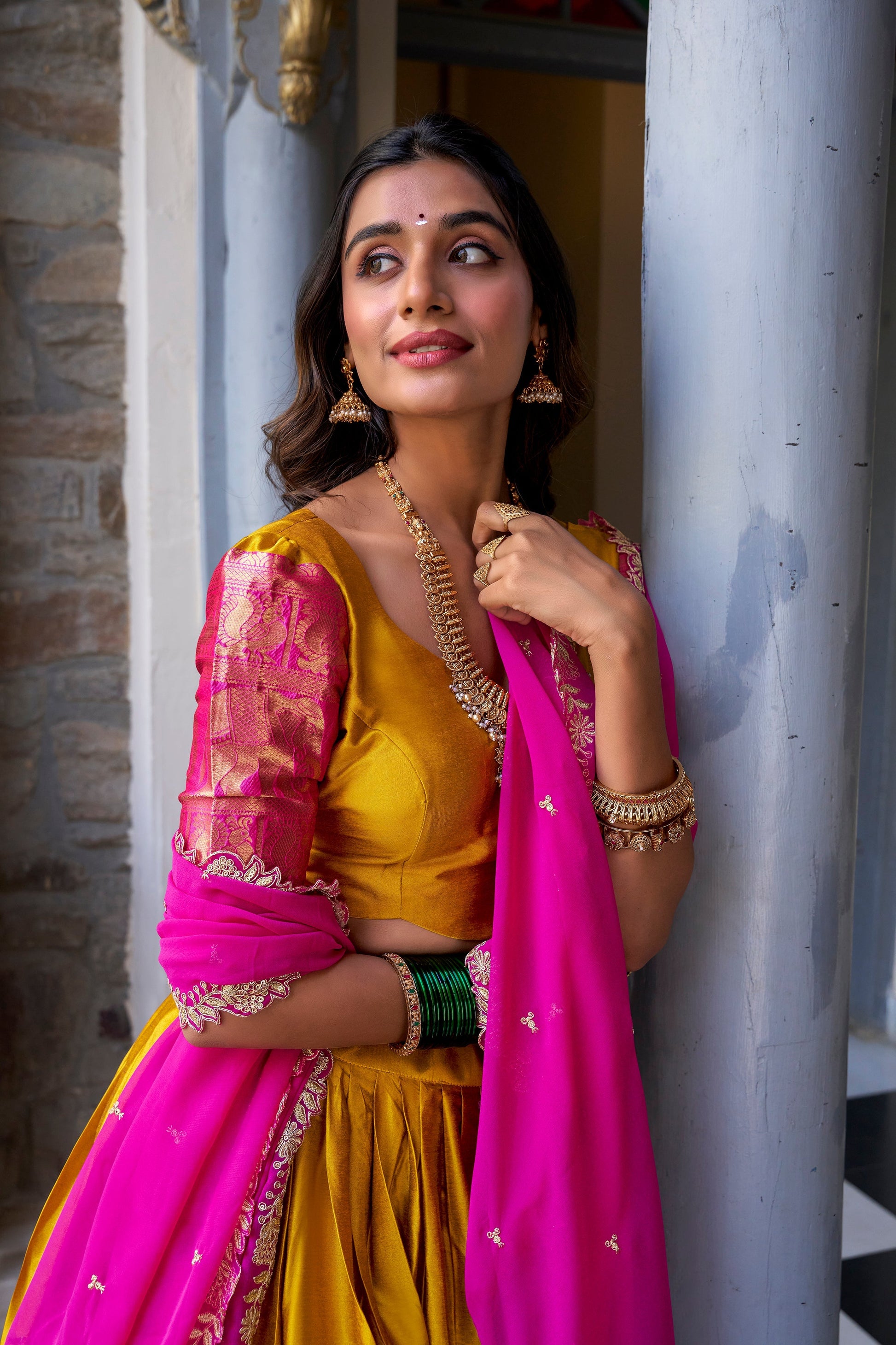 Lorenvalley Mustard Narayan Pattu Fabric with Zari Weaving Work Lehenga Choli 