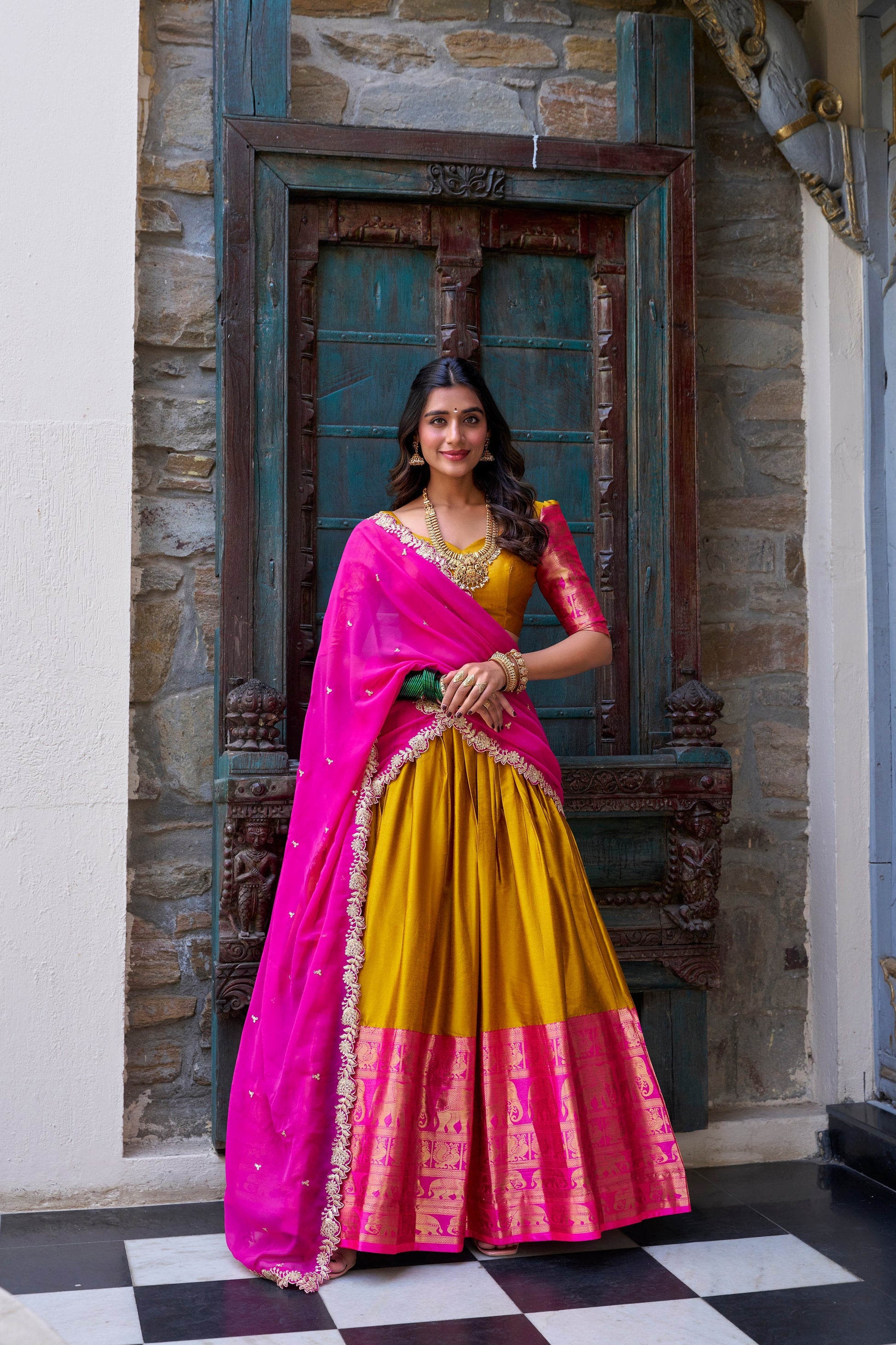 Lorenvalley Mustard Narayan Pattu Fabric with Zari Weaving Work Lehenga Choli 