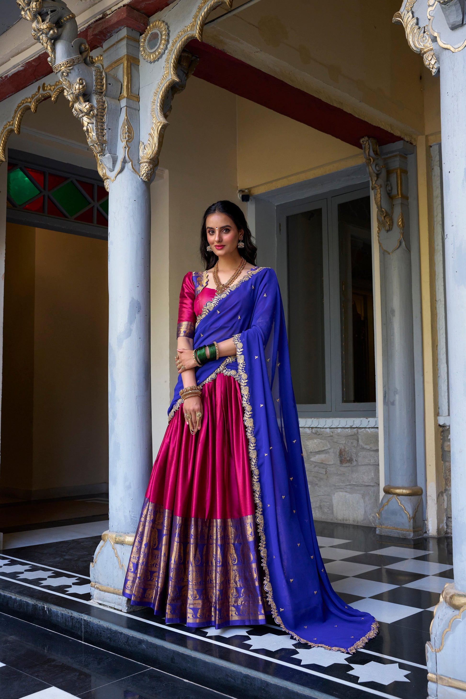 Lorenvalley Pink Narayan Pattu Fabric with Zari Weaving Work Lehenga Choli 