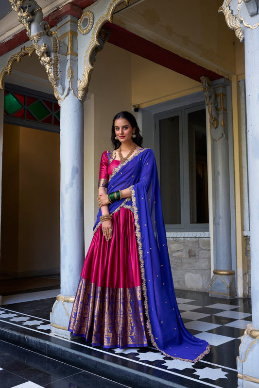 Lorenvalley Pink Narayan Pattu Fabric with Zari Weaving Work Lehenga Choli 