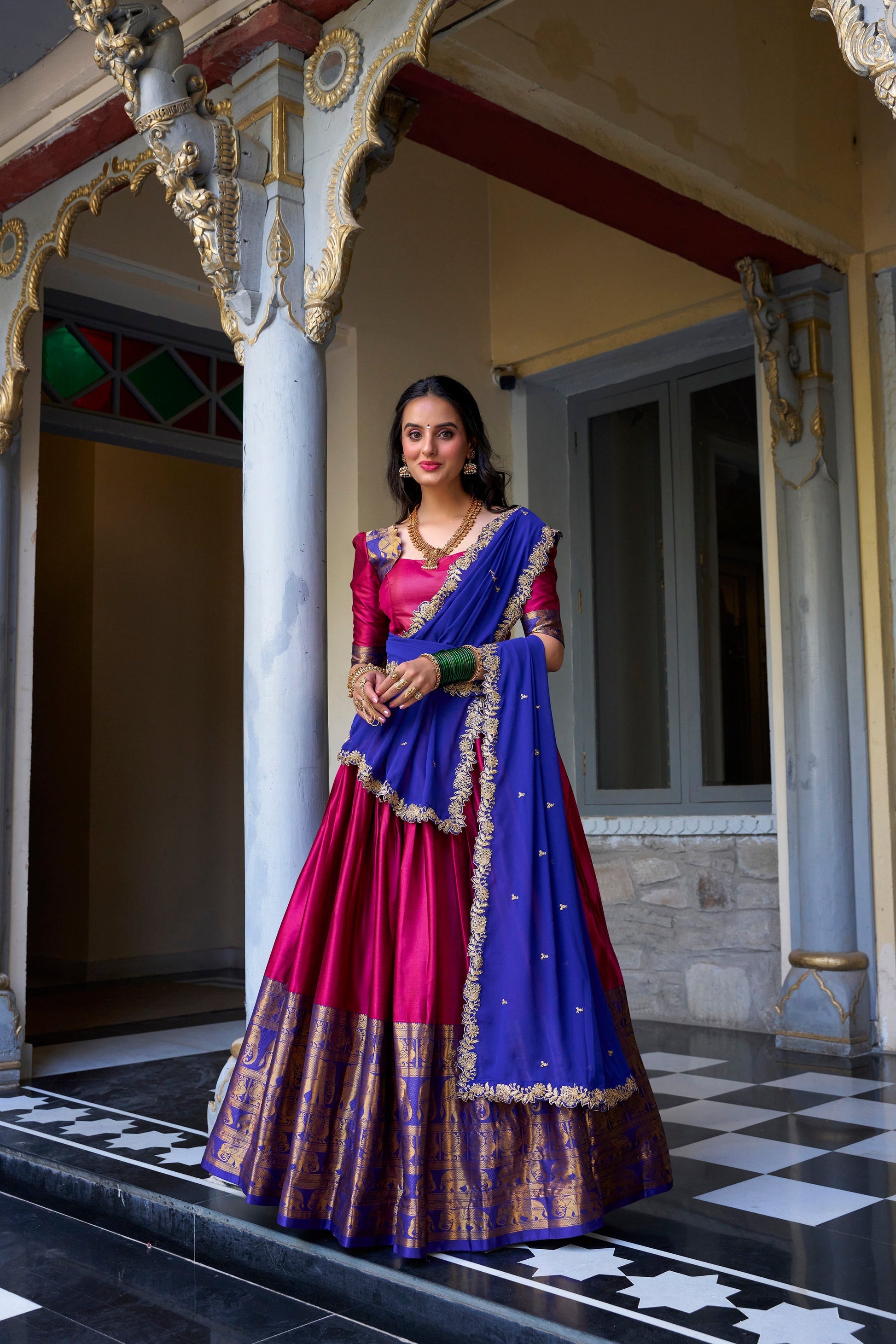 Lorenvalley Pink Narayan Pattu Fabric with Zari Weaving Work Lehenga Choli 