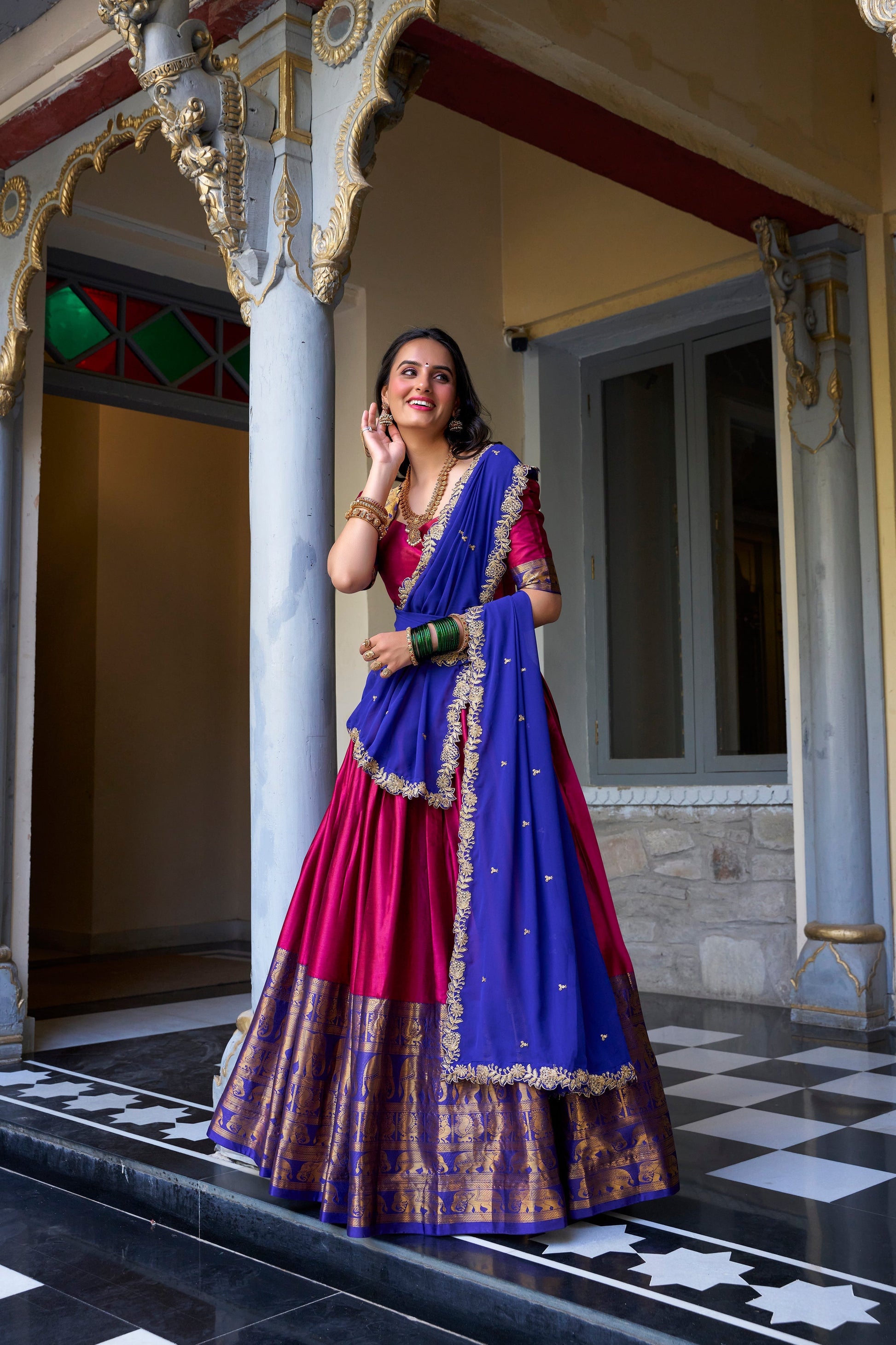 Lorenvalley Pink Narayan Pattu Fabric with Zari Weaving Work Lehenga Choli 