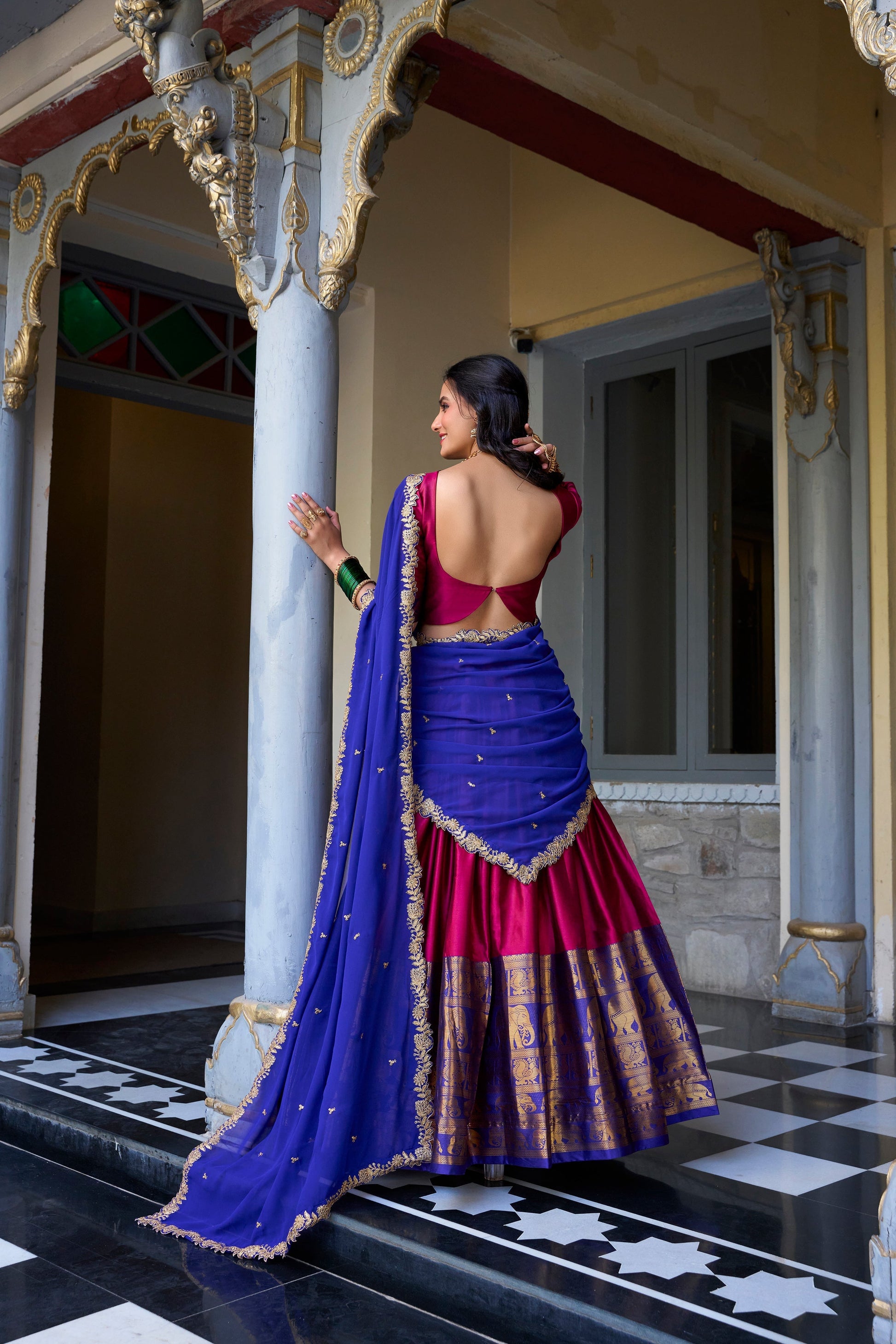 Lorenvalley Pink Narayan Pattu Fabric with Zari Weaving Work Lehenga Choli 