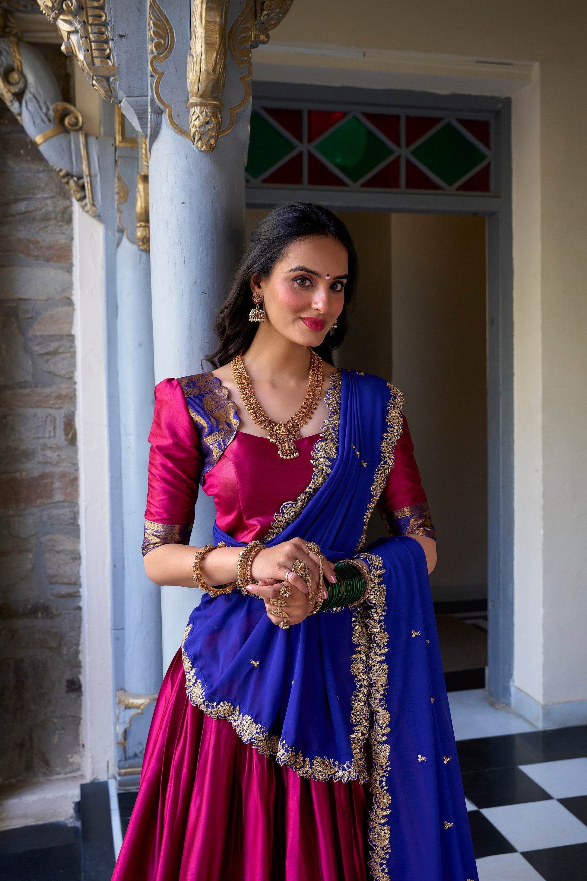 Lorenvalley Pink Narayan Pattu Fabric with Zari Weaving Work Lehenga Choli 