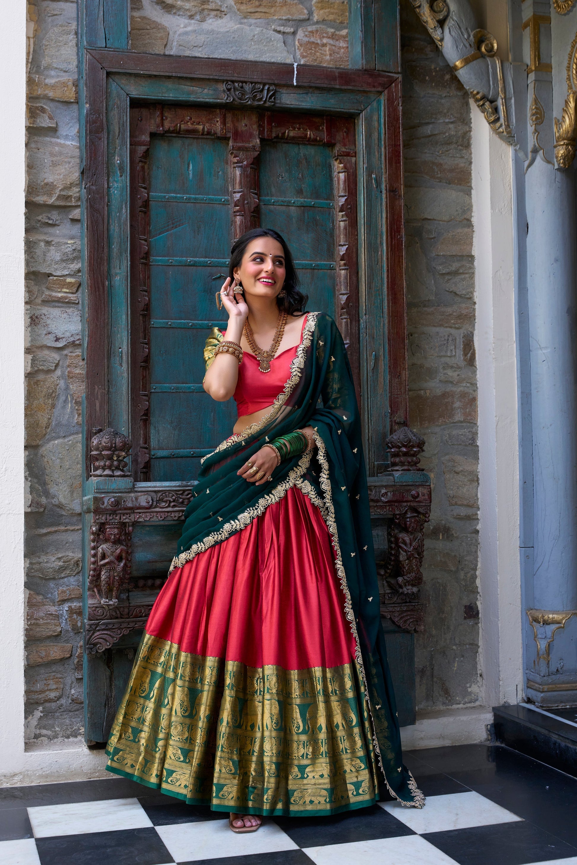 Lorenvalley Red Narayan Pattu Fabric with Zari Weaving Work Lehenga Choli 