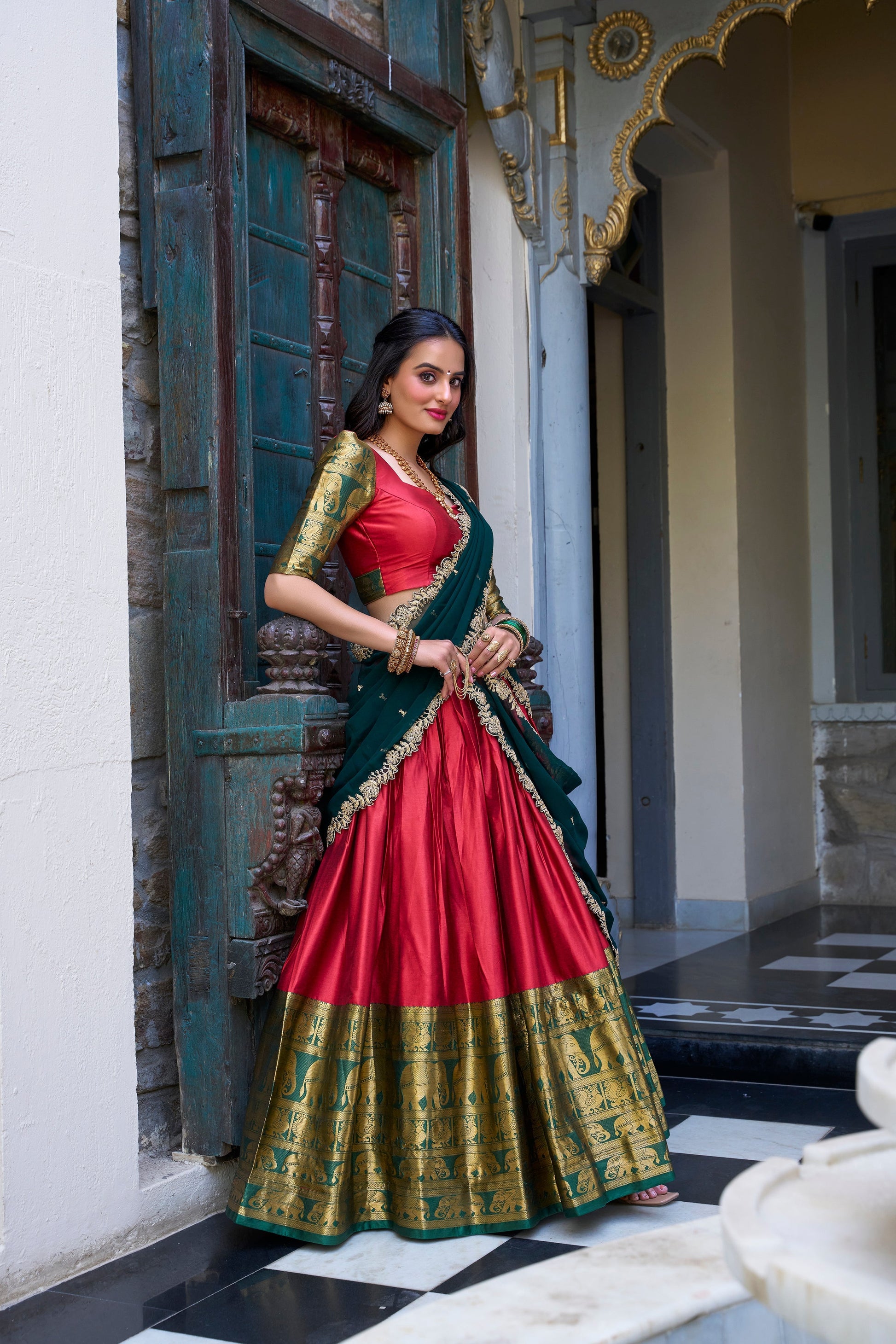 Lorenvalley Red Narayan Pattu Fabric with Zari Weaving Work Lehenga Choli 