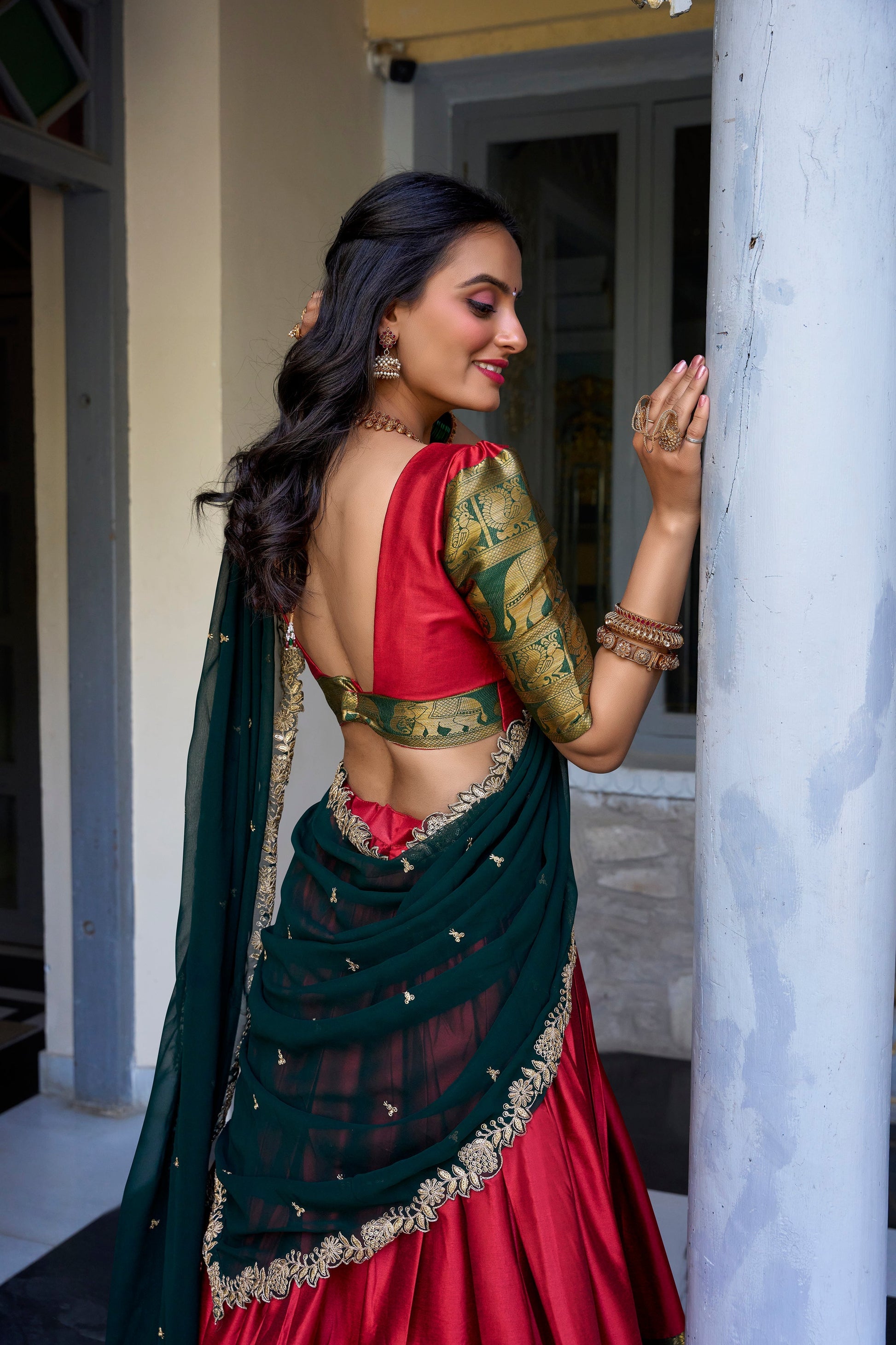 Lorenvalley Red Narayan Pattu Fabric with Zari Weaving Work Lehenga Choli 