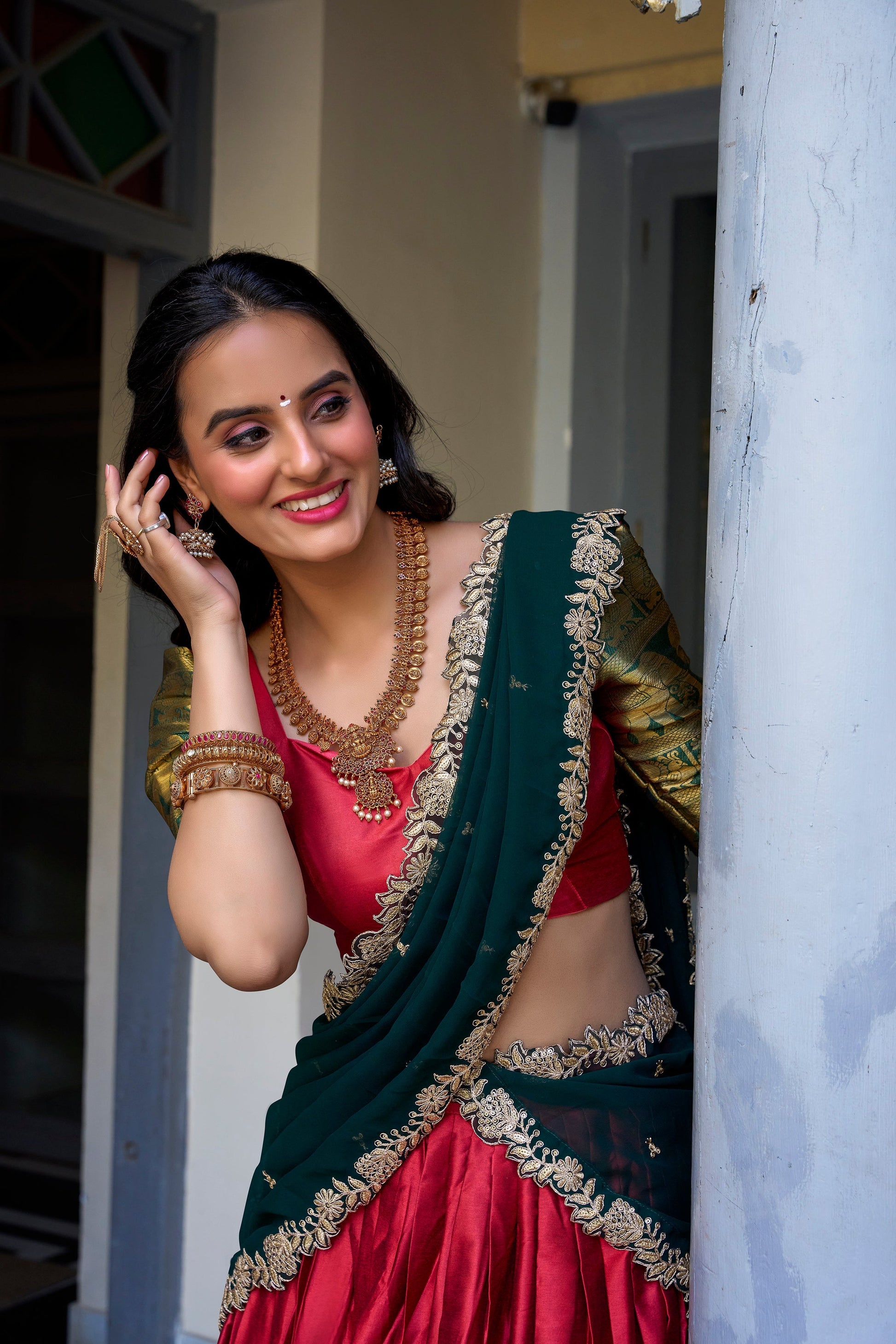 Lorenvalley Red Narayan Pattu Fabric with Zari Weaving Work Lehenga Choli 