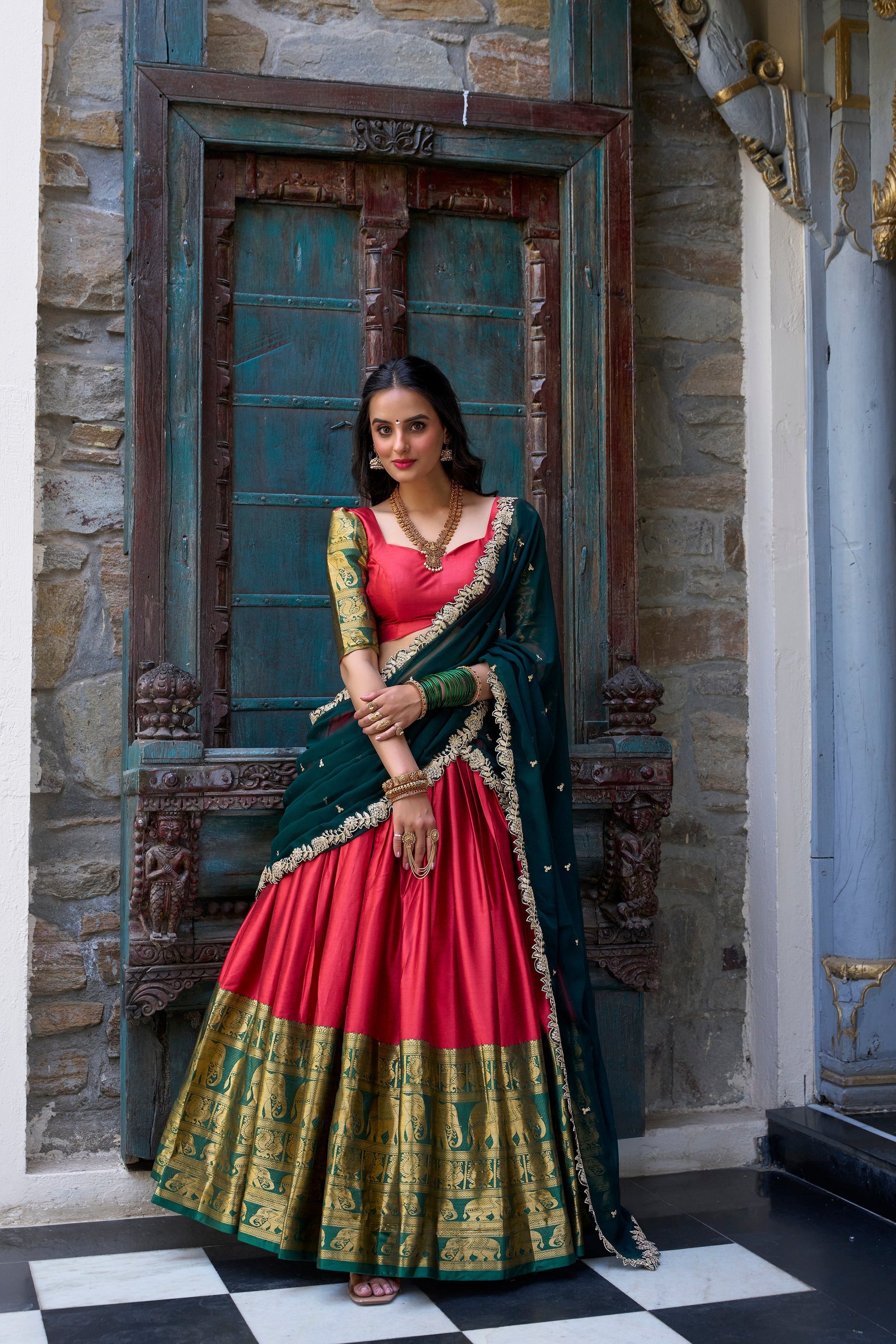 Lorenvalley Red Narayan Pattu Fabric with Zari Weaving Work Lehenga Choli 