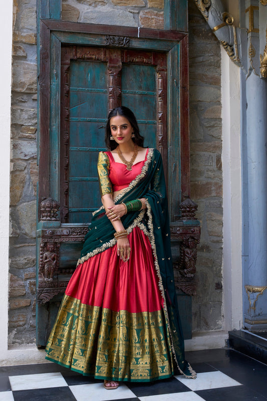 Lorenvalley Red Narayan Pattu Fabric with Zari Weaving Work Lehenga Choli 