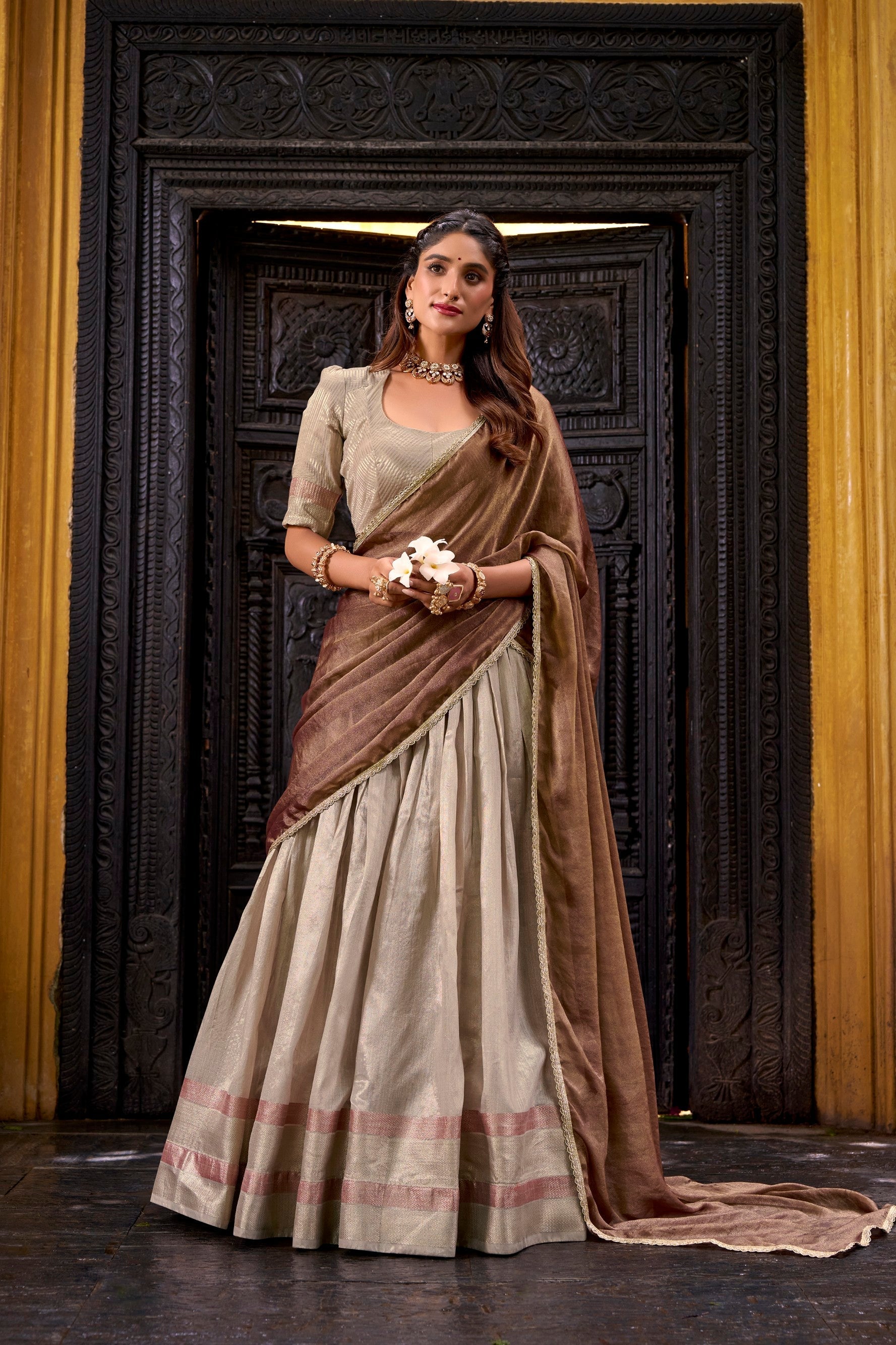 Lorenvalley Fashion Cream Dupion Silk Zari Weaving Work Lehenga Choli with Dupatta 