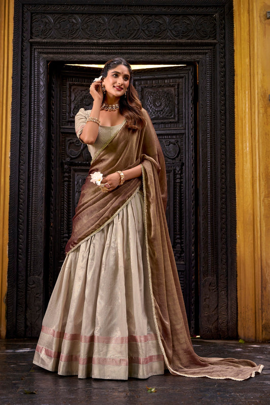 Lorenvalley Fashion Cream Dupion Silk Zari Weaving Work Lehenga Choli with Dupatta 