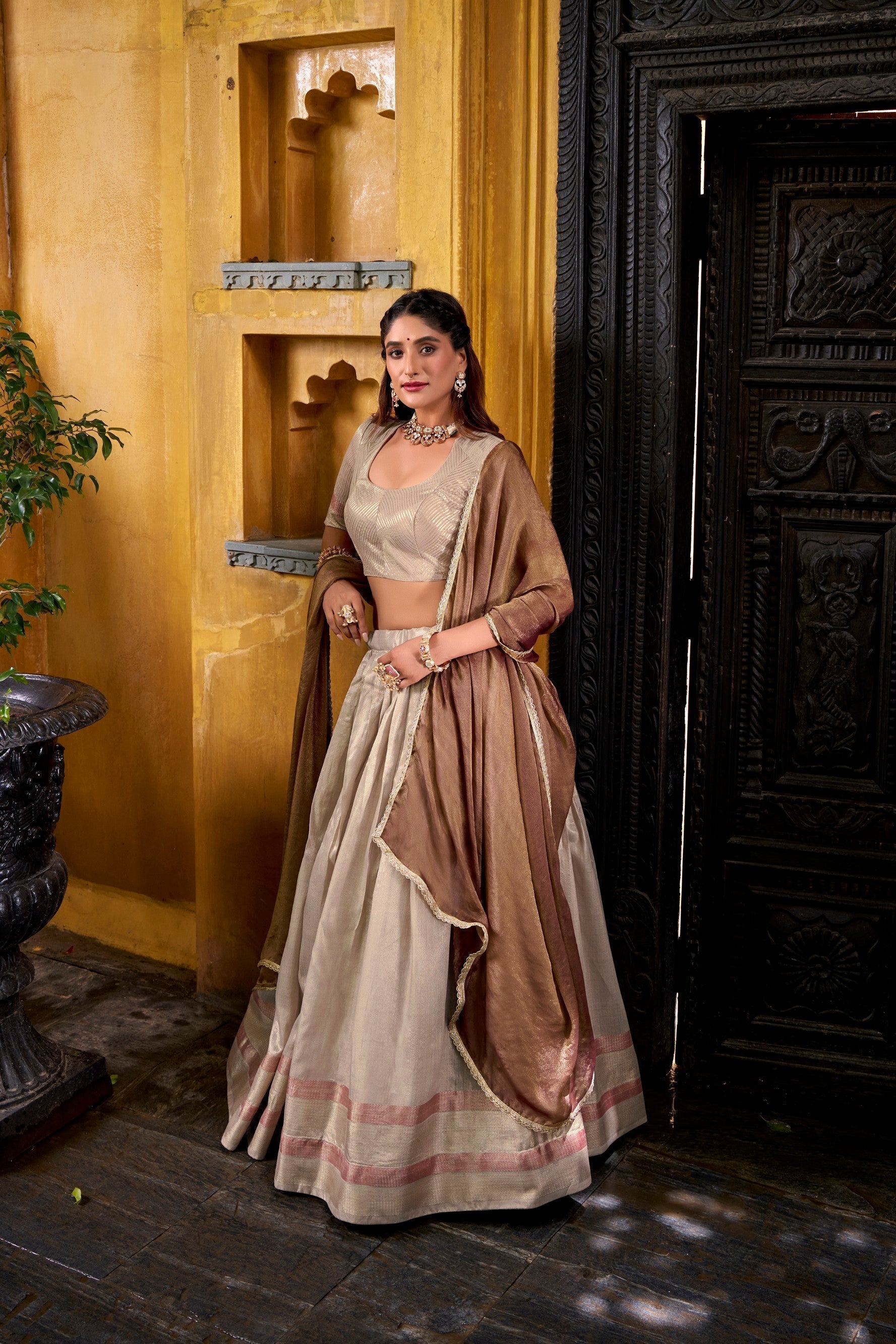 Lorenvalley Fashion Cream Dupion Silk Zari Weaving Work Lehenga Choli with Dupatta 