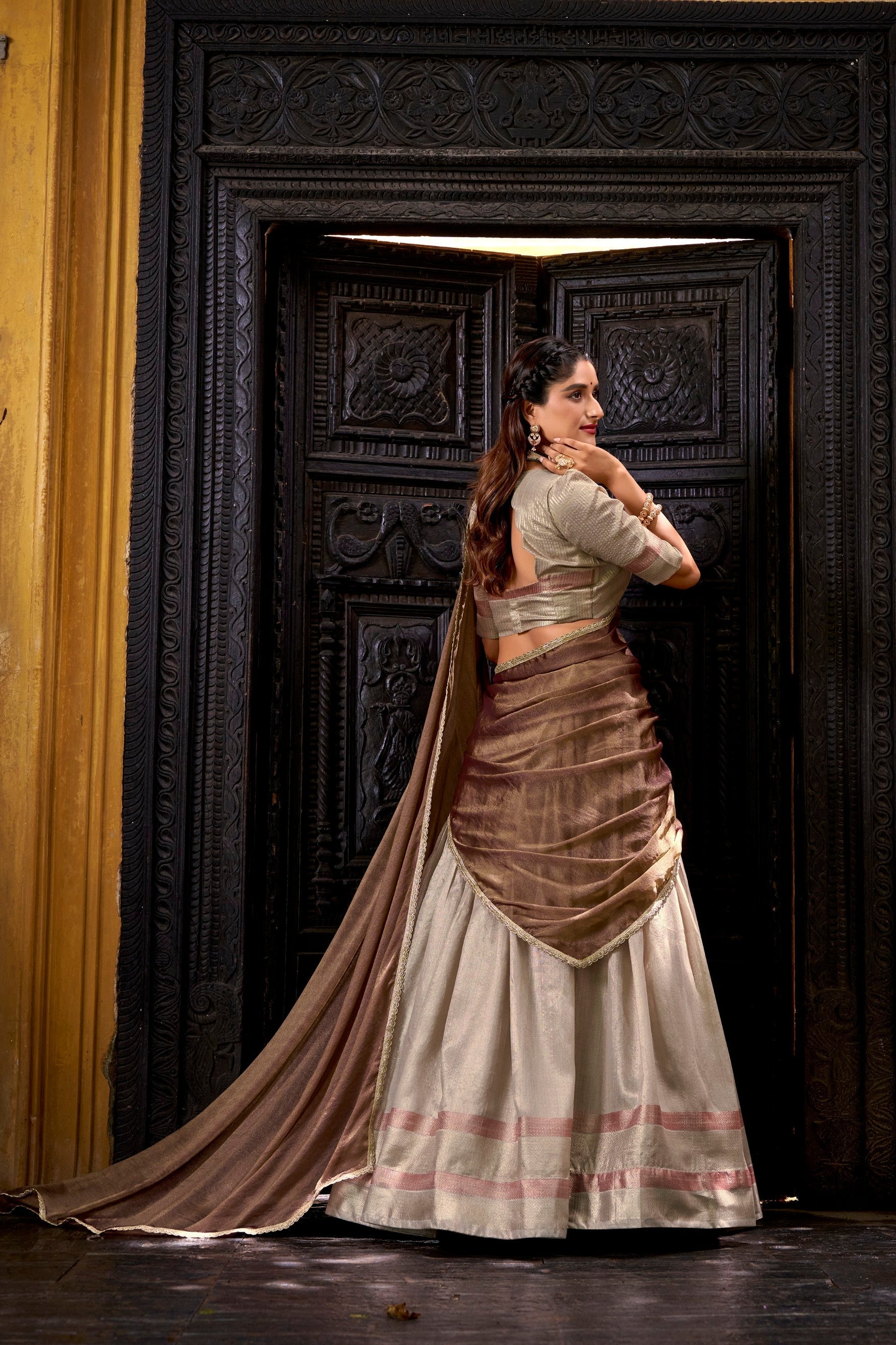 Lorenvalley Fashion Cream Dupion Silk Zari Weaving Work Lehenga Choli with Dupatta 