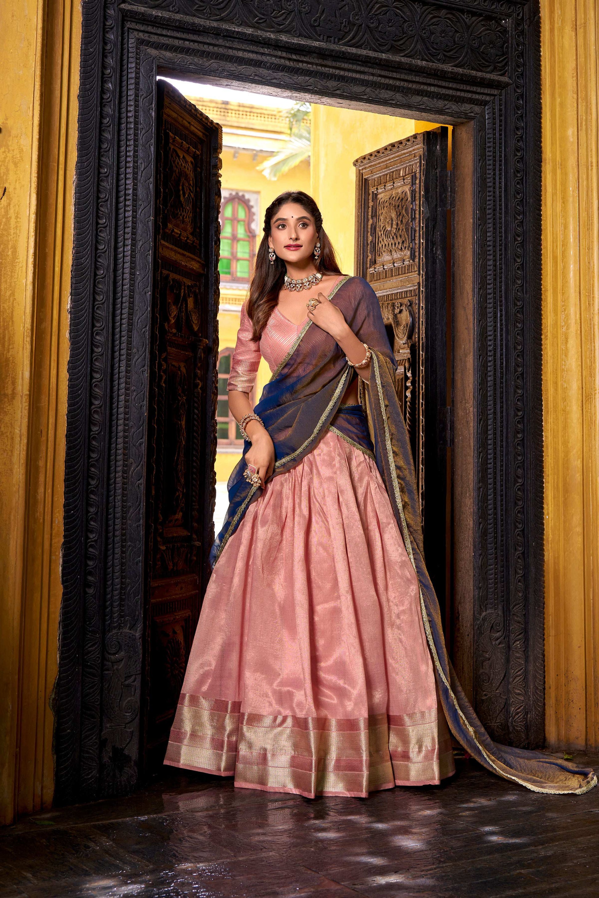 Evanik Traditional Pink Dupion Silk With Zari Weaving Work Fully Stitched Lehenga Choli