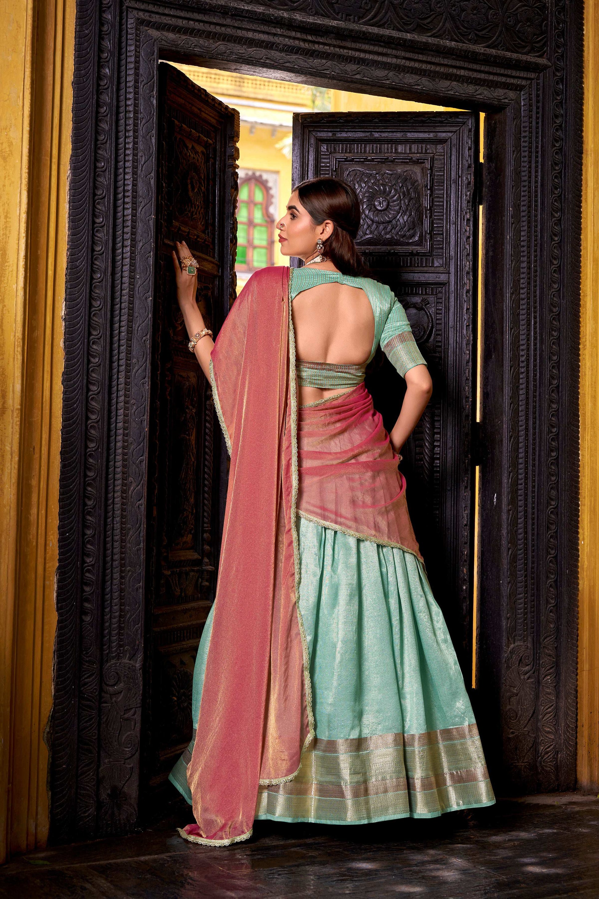 Evanik Traditional Sky Blue Dupion Silk With Zari Weaving Work Fully Stitched Lehenga Choli