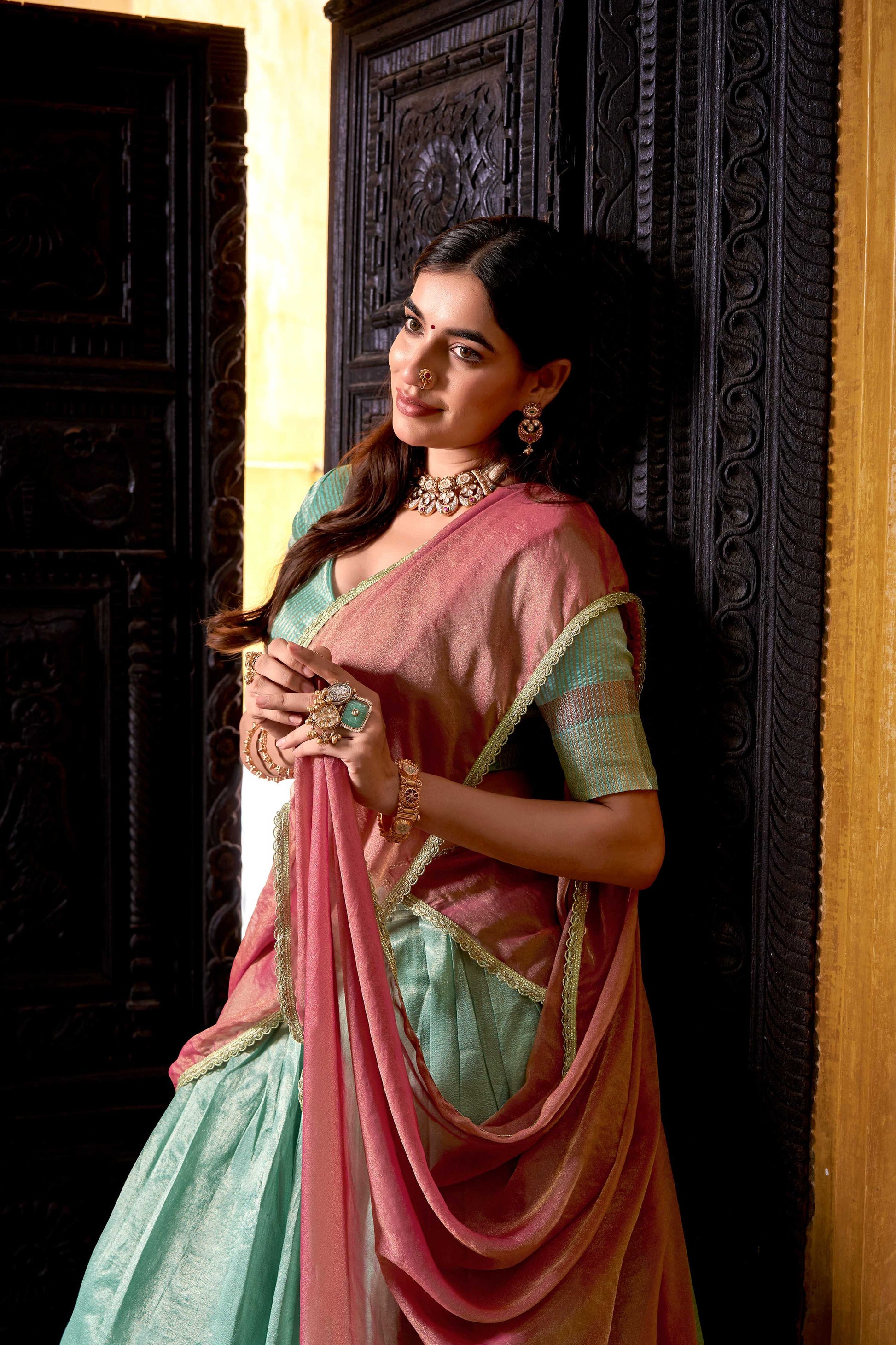 Evanik Traditional Sky Blue Dupion Silk With Zari Weaving Work Fully Stitched Lehenga Choli