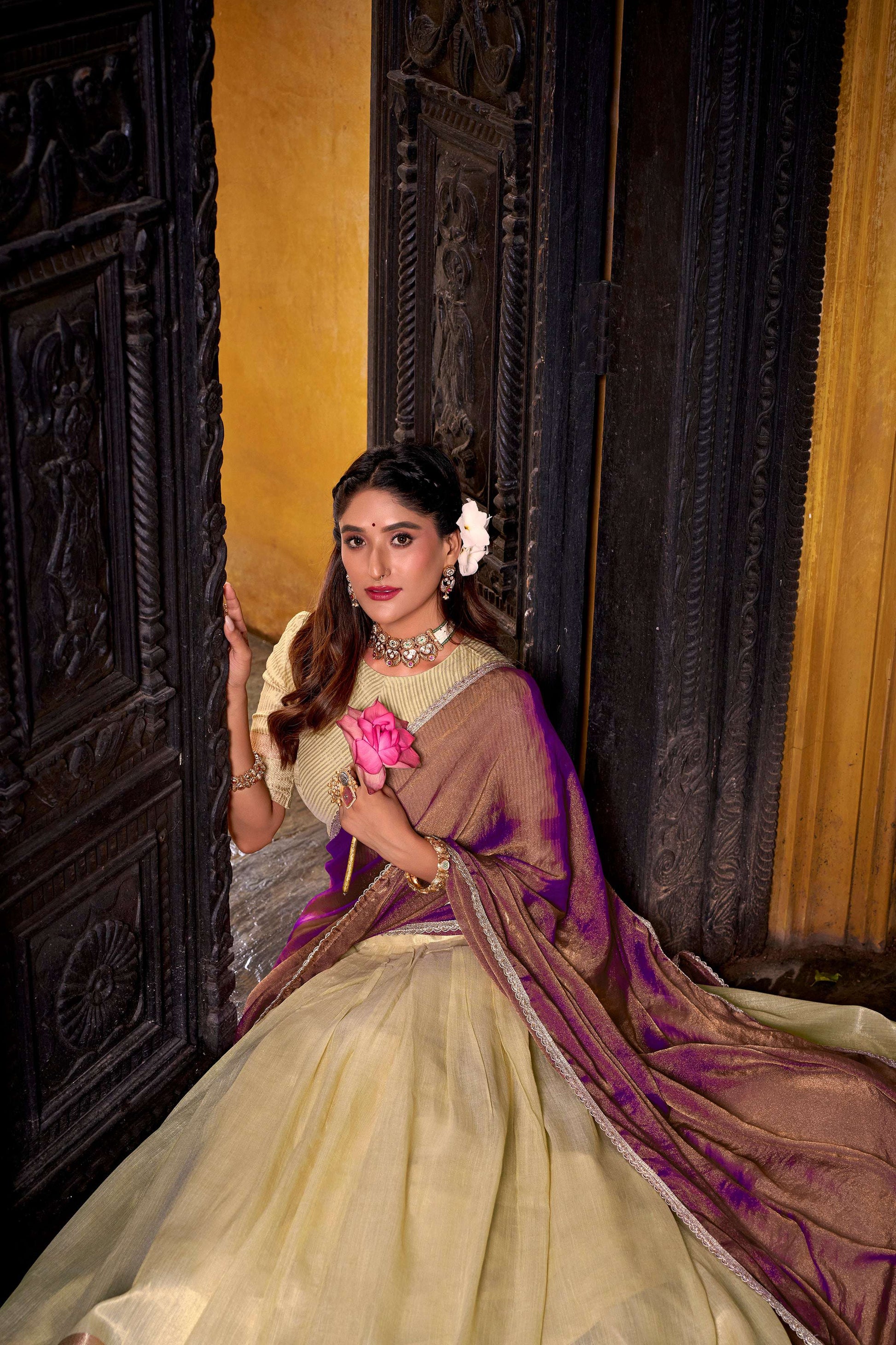 Evanik Traditional Yellow Dupion Silk With Zari Weaving Work Fully Stitched Lehenga Choli