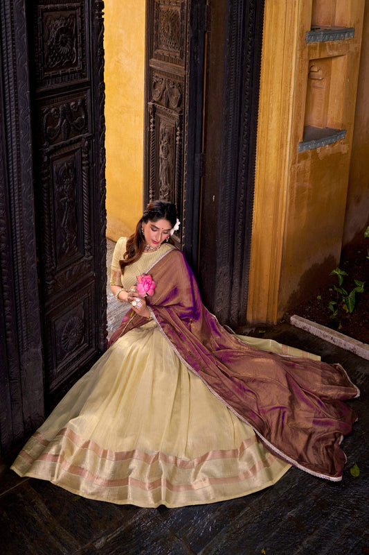 Evanik Traditional Yellow Dupion Silk With Zari Weaving Work Fully Stitched Lehenga Choli