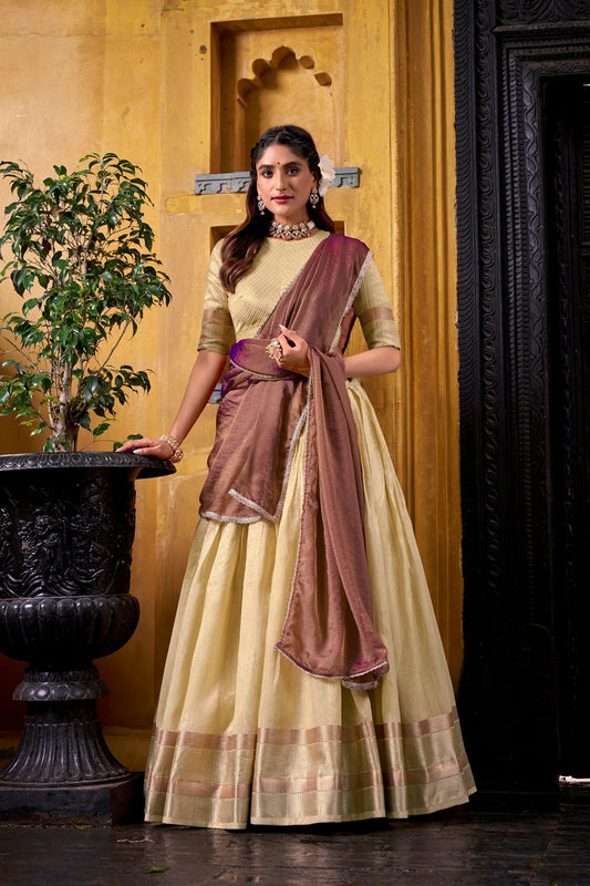 Lorenvalley Fashion Yellow Dupion Silk Zari Weaving Work Lehenga Choli with Dupatta 