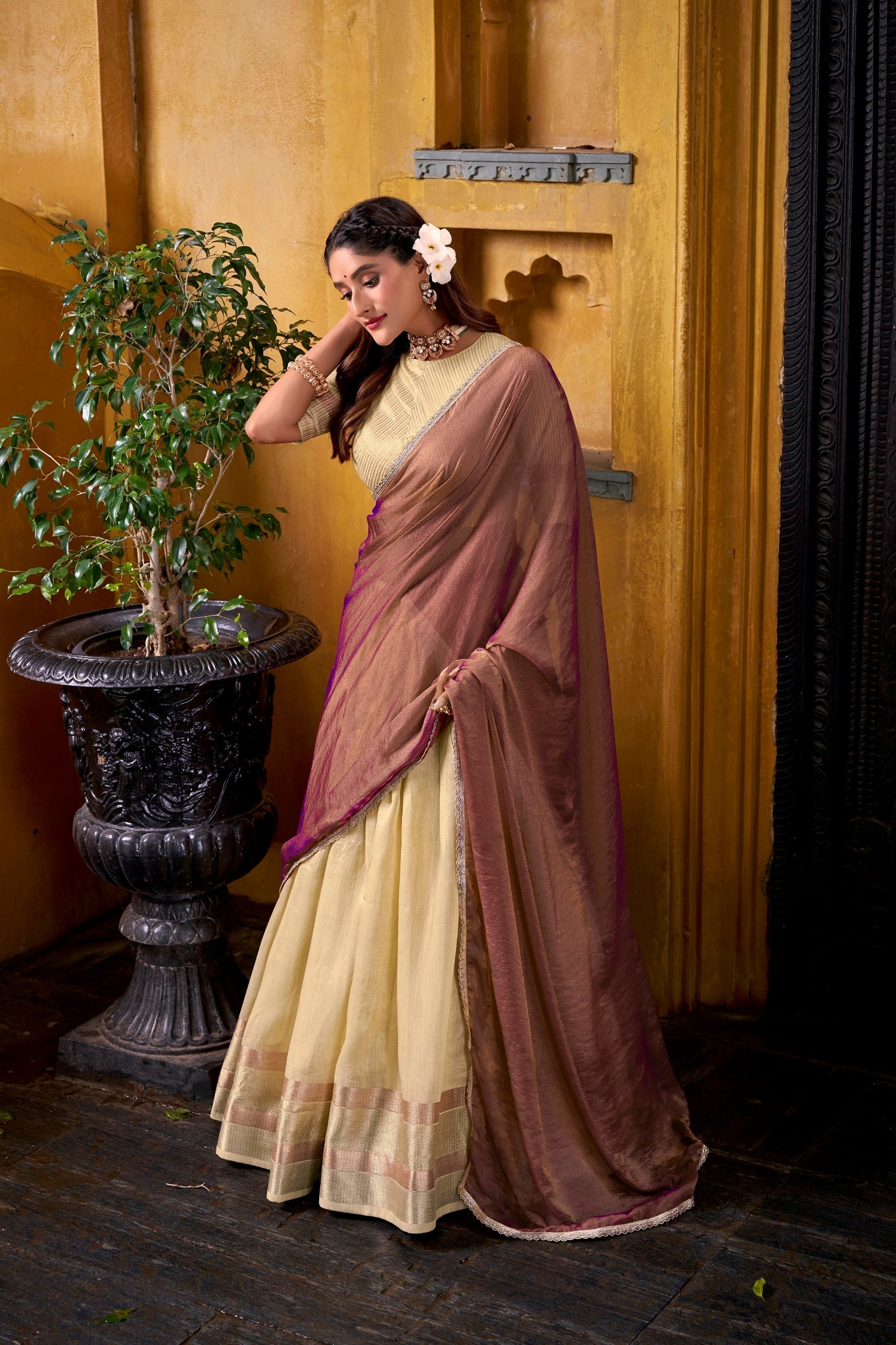 Lorenvalley Fashion Yellow Dupion Silk Zari Weaving Work Lehenga Choli with Dupatta 