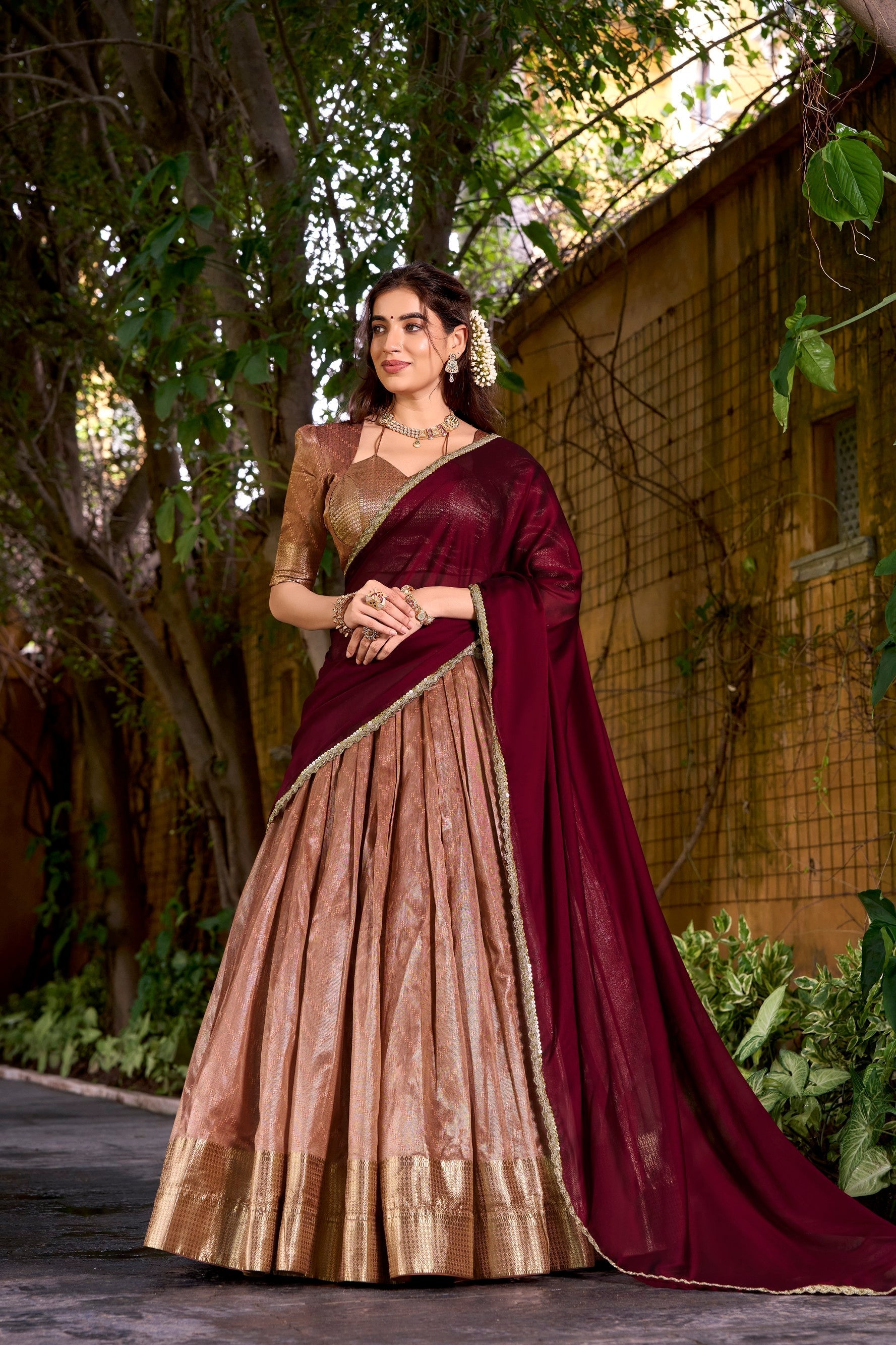 Lorenvalley Fashion Peach Dupion Silk Zari Weaving Work Lehenga Choli with Dupatta 