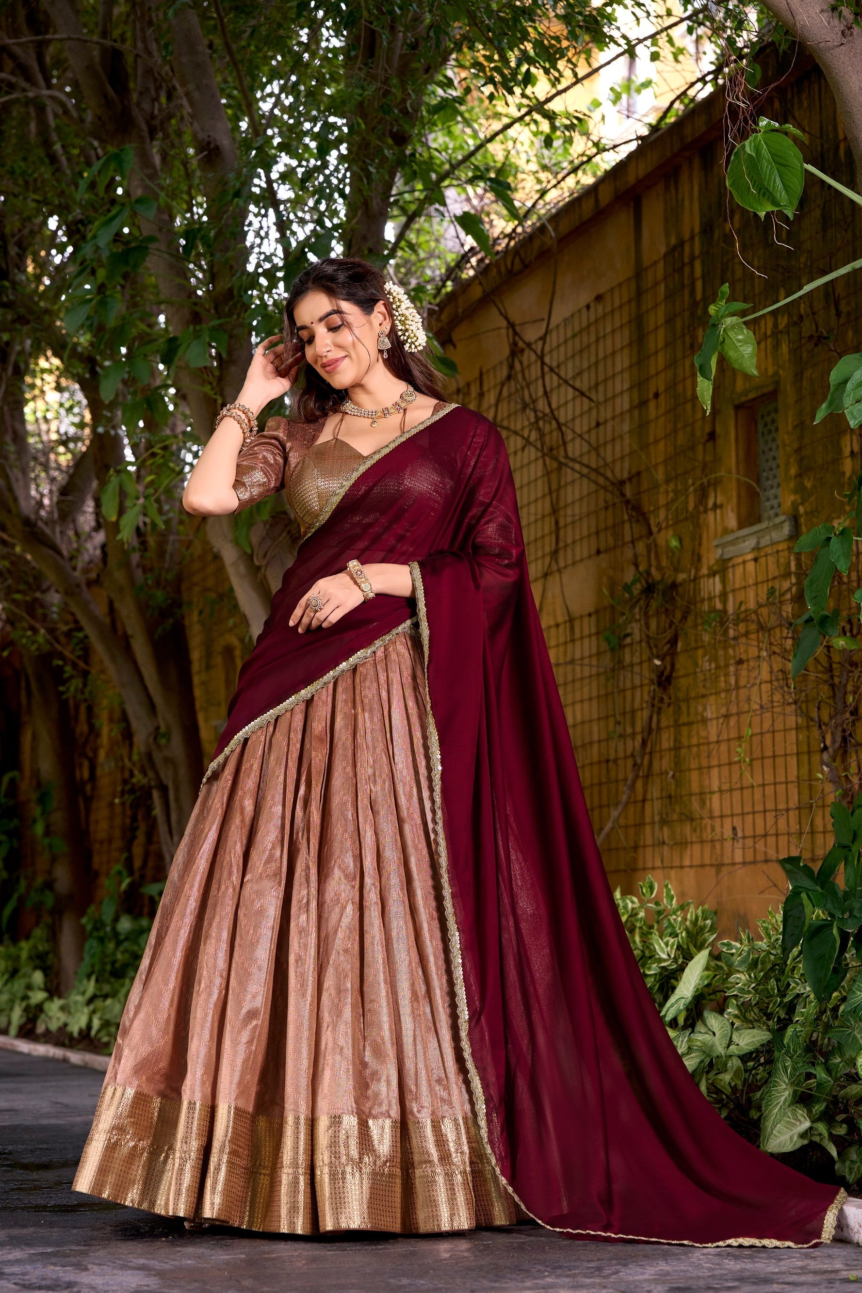 Lorenvalley Fashion Peach Dupion Silk Zari Weaving Work Lehenga Choli with Dupatta 