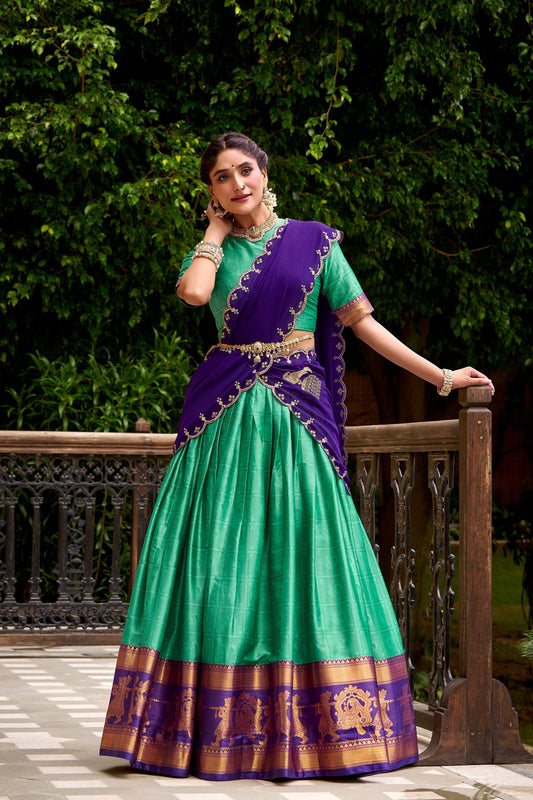 Evanik Traditional Bottle Green Poly Cotton Half Saree With Zari Weaving Work Lehenga Choli