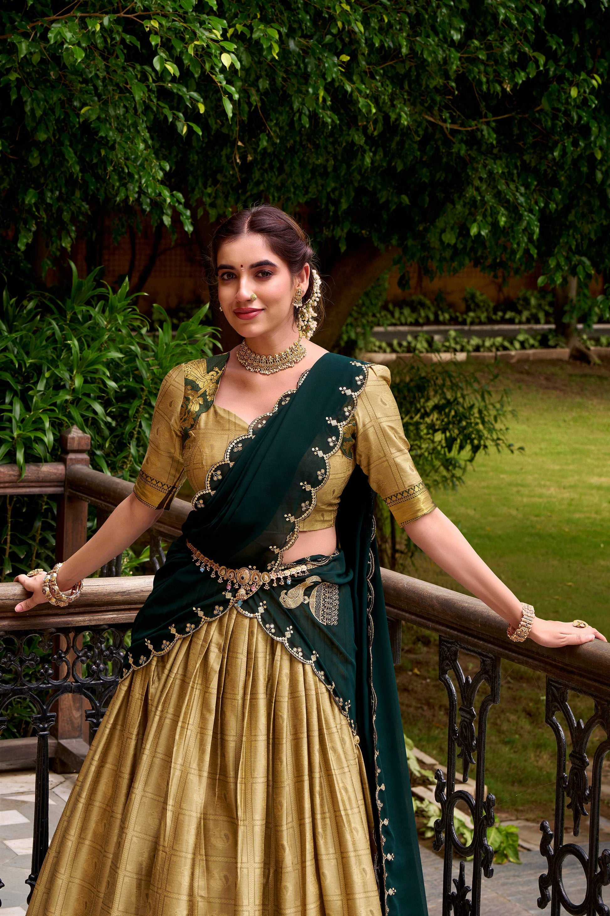 Evanik Traditional Cream Poly Cotton Half Saree With Zari Weaving Work Lehenga Choli