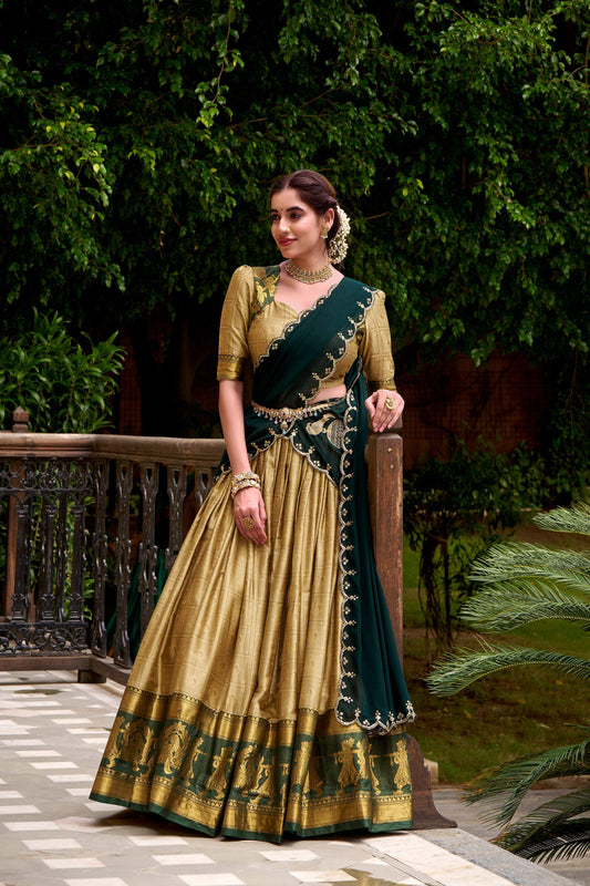 Evanik Traditional Cream Poly Cotton Half Saree With Zari Weaving Work Lehenga Choli