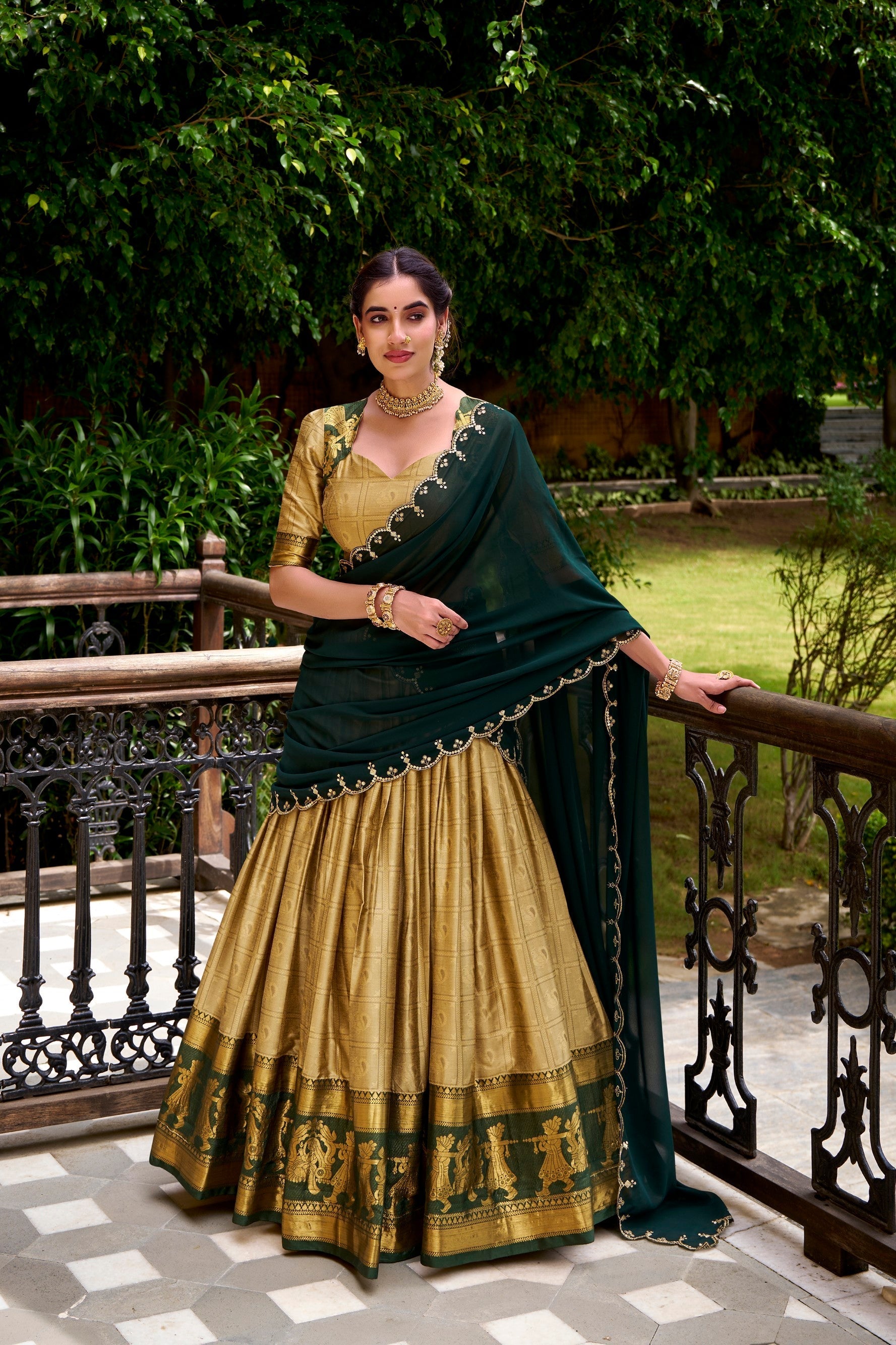 Lorenvalley Fashion Cream Poly Cotton Zari Weaving Work Lehenga Choli with Dupatta 