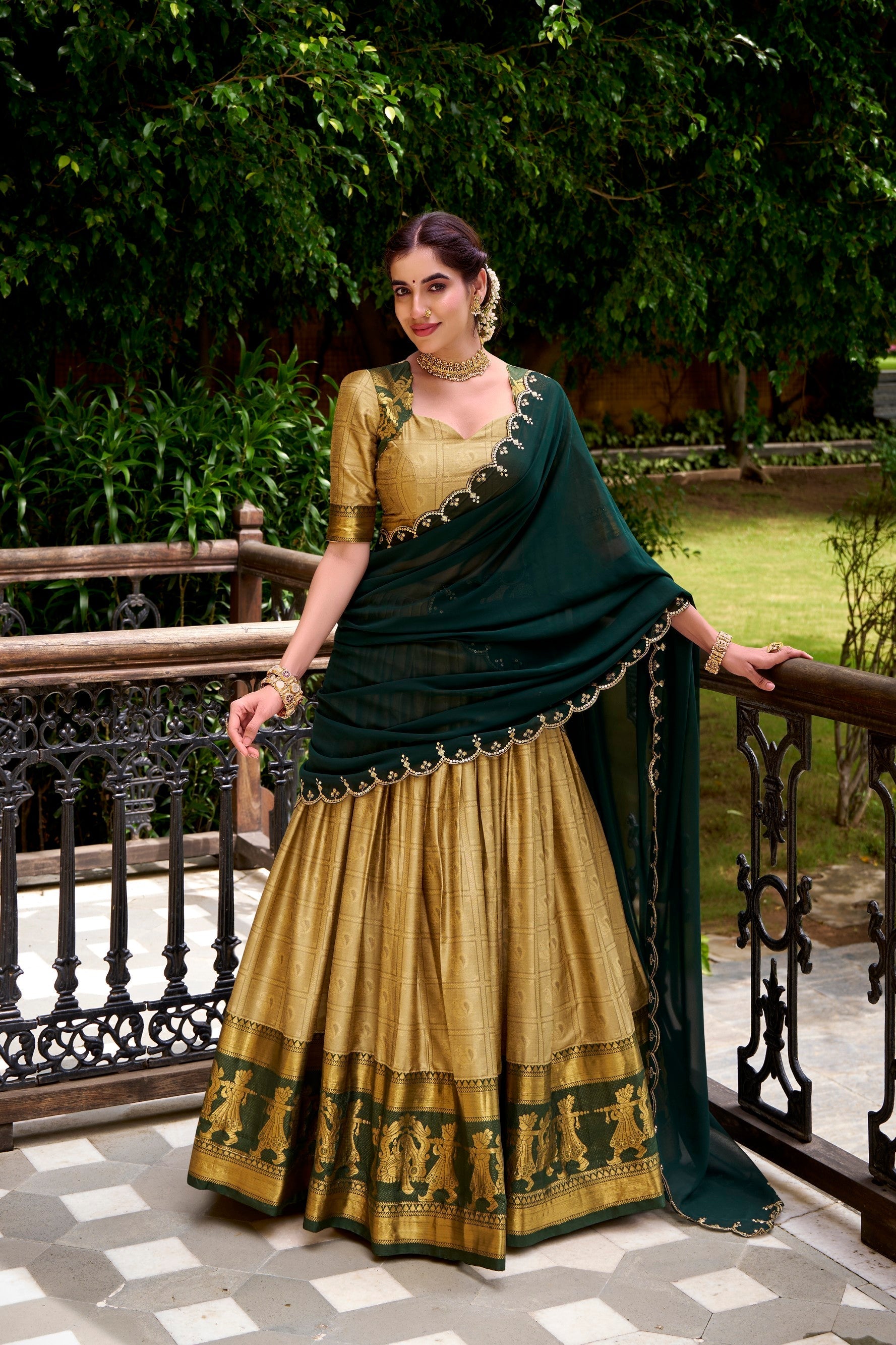 Lorenvalley Fashion Cream Poly Cotton Zari Weaving Work Lehenga Choli with Dupatta 