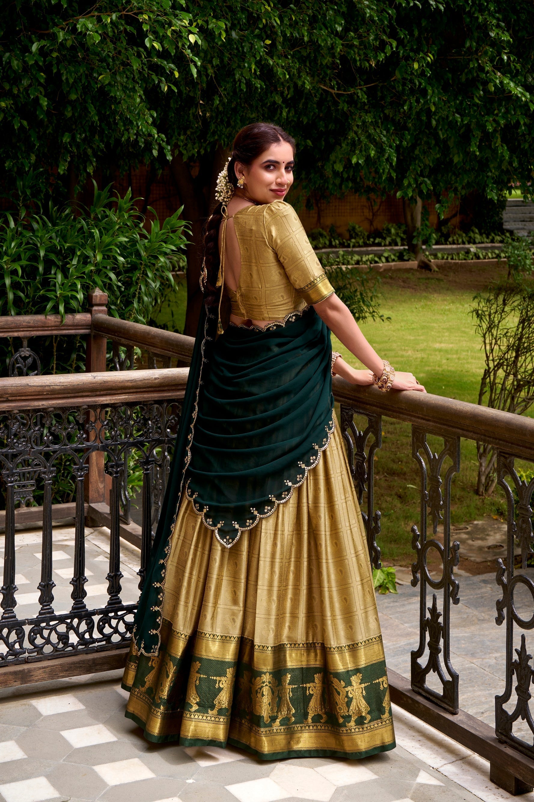 Lorenvalley Fashion Cream Poly Cotton Zari Weaving Work Lehenga Choli with Dupatta 