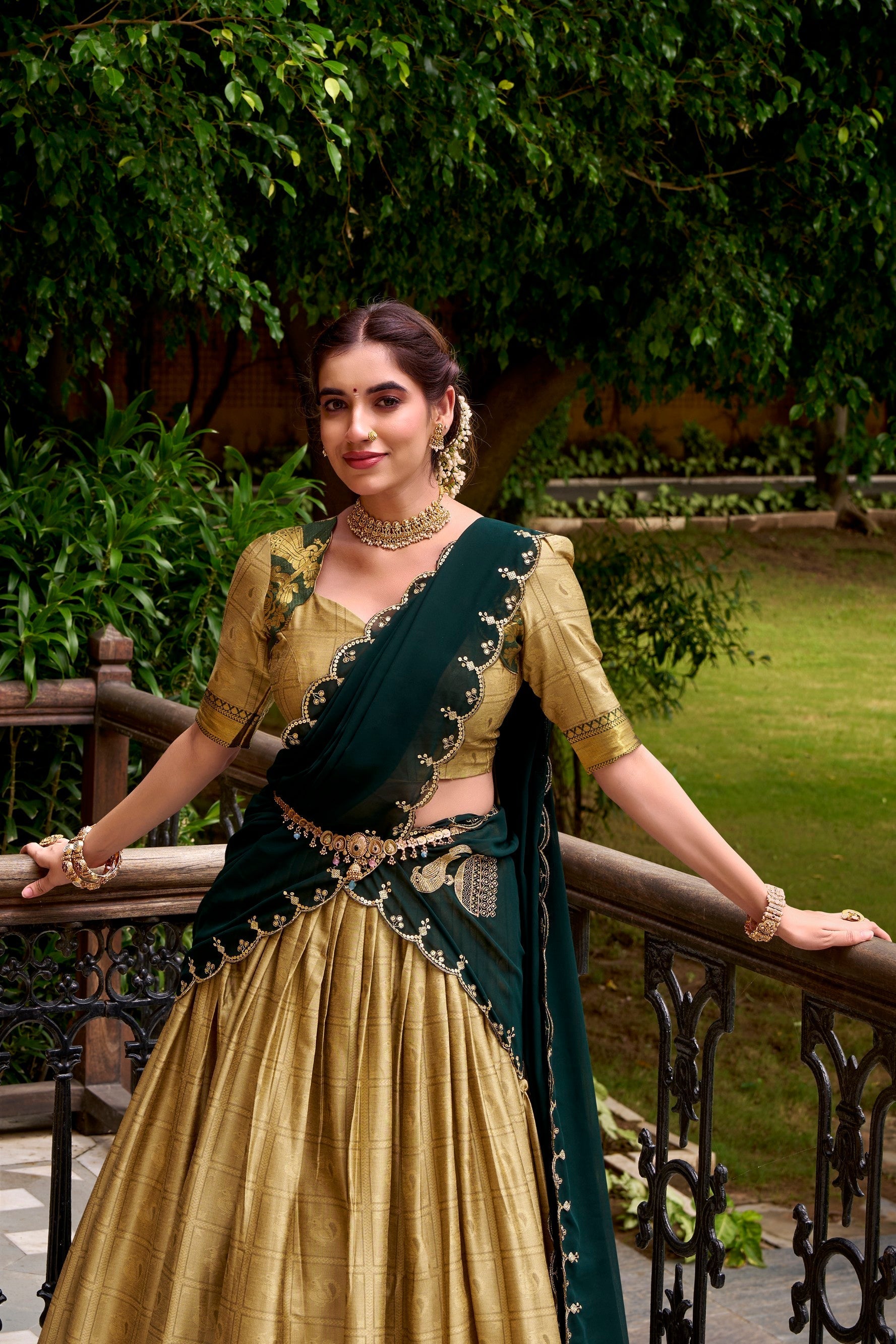 Lorenvalley Fashion Cream Poly Cotton Zari Weaving Work Lehenga Choli with Dupatta 
