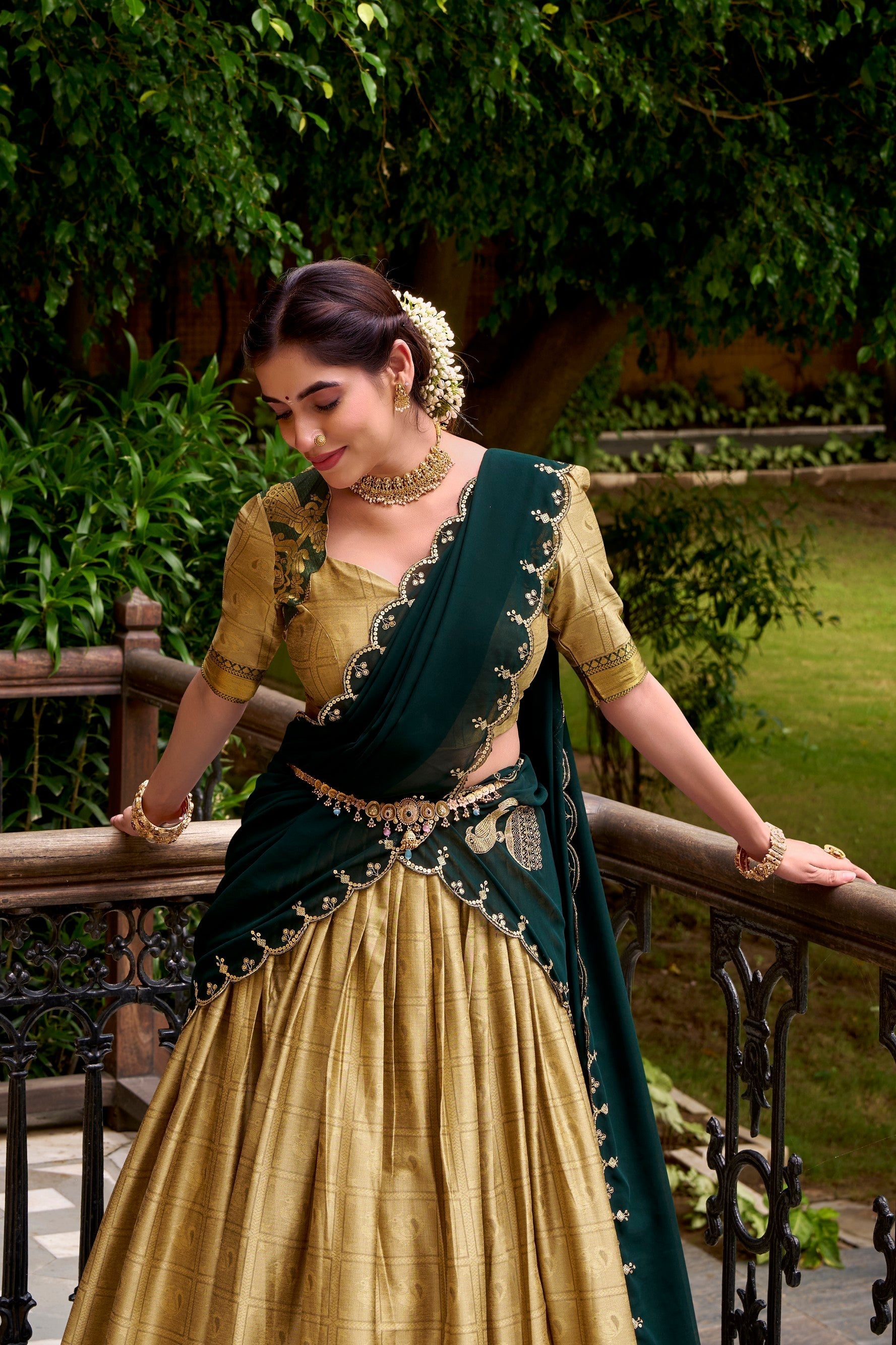 Lorenvalley Fashion Cream Poly Cotton Zari Weaving Work Lehenga Choli with Dupatta 