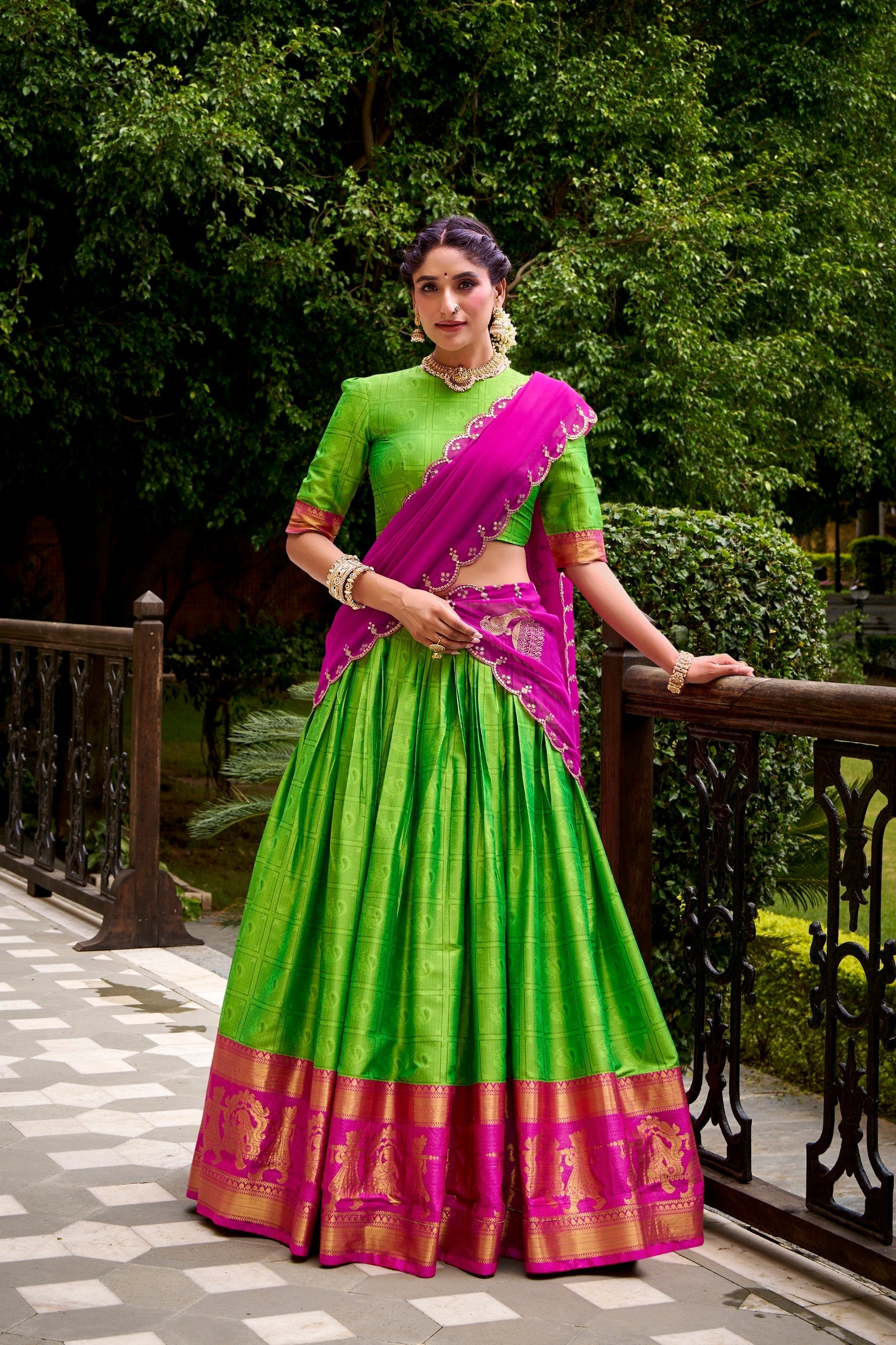 Lorenvalley Fashion Parrot Green Poly Cotton Zari Weaving Work Lehenga Choli with Dupatta 