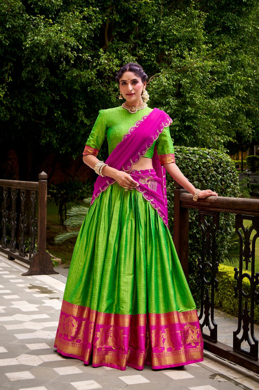 Lorenvalley Fashion Parrot Green Poly Cotton Zari Weaving Work Lehenga Choli with Dupatta 