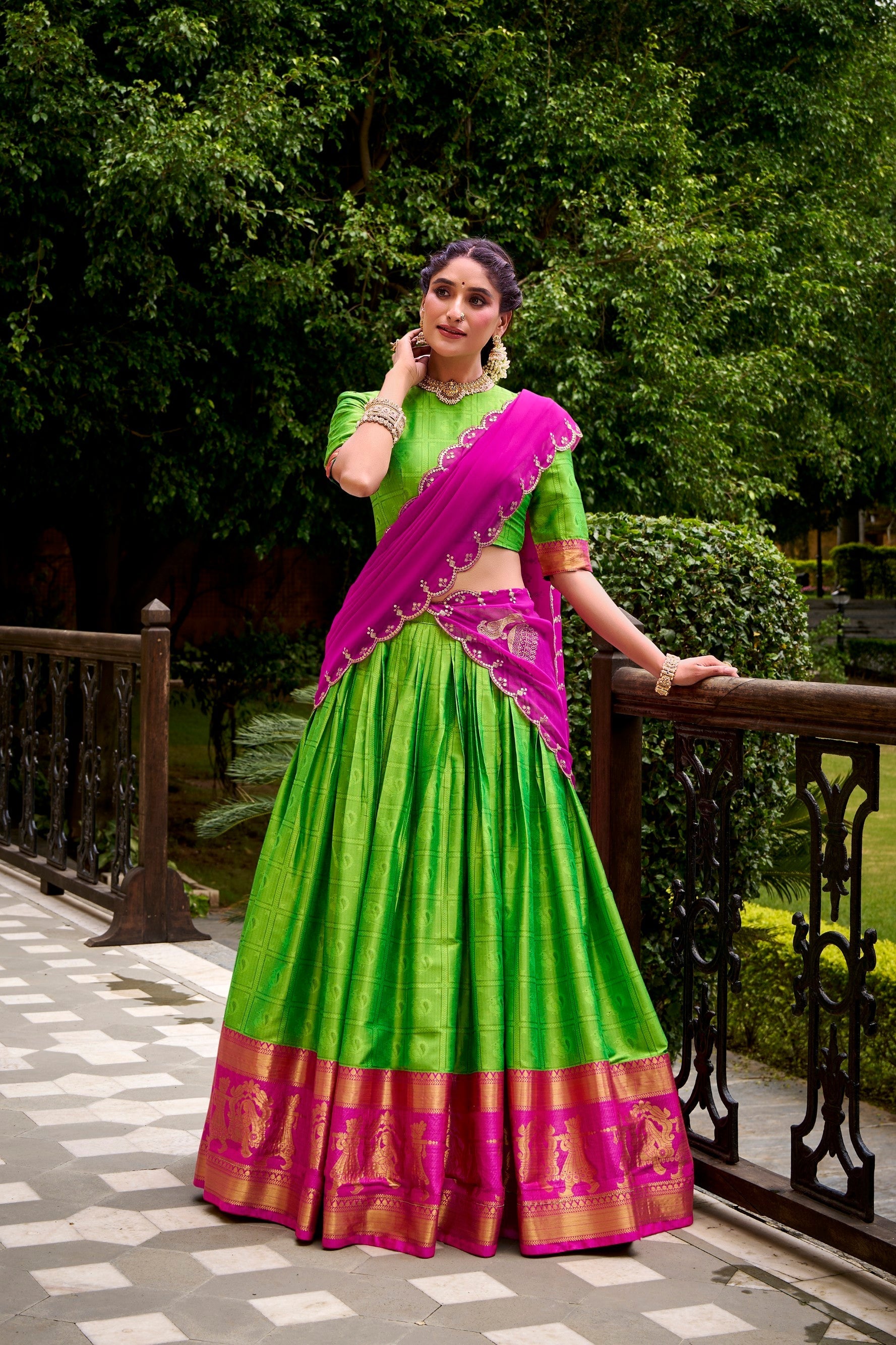 Lorenvalley Fashion Parrot Green Poly Cotton Zari Weaving Work Lehenga Choli with Dupatta 