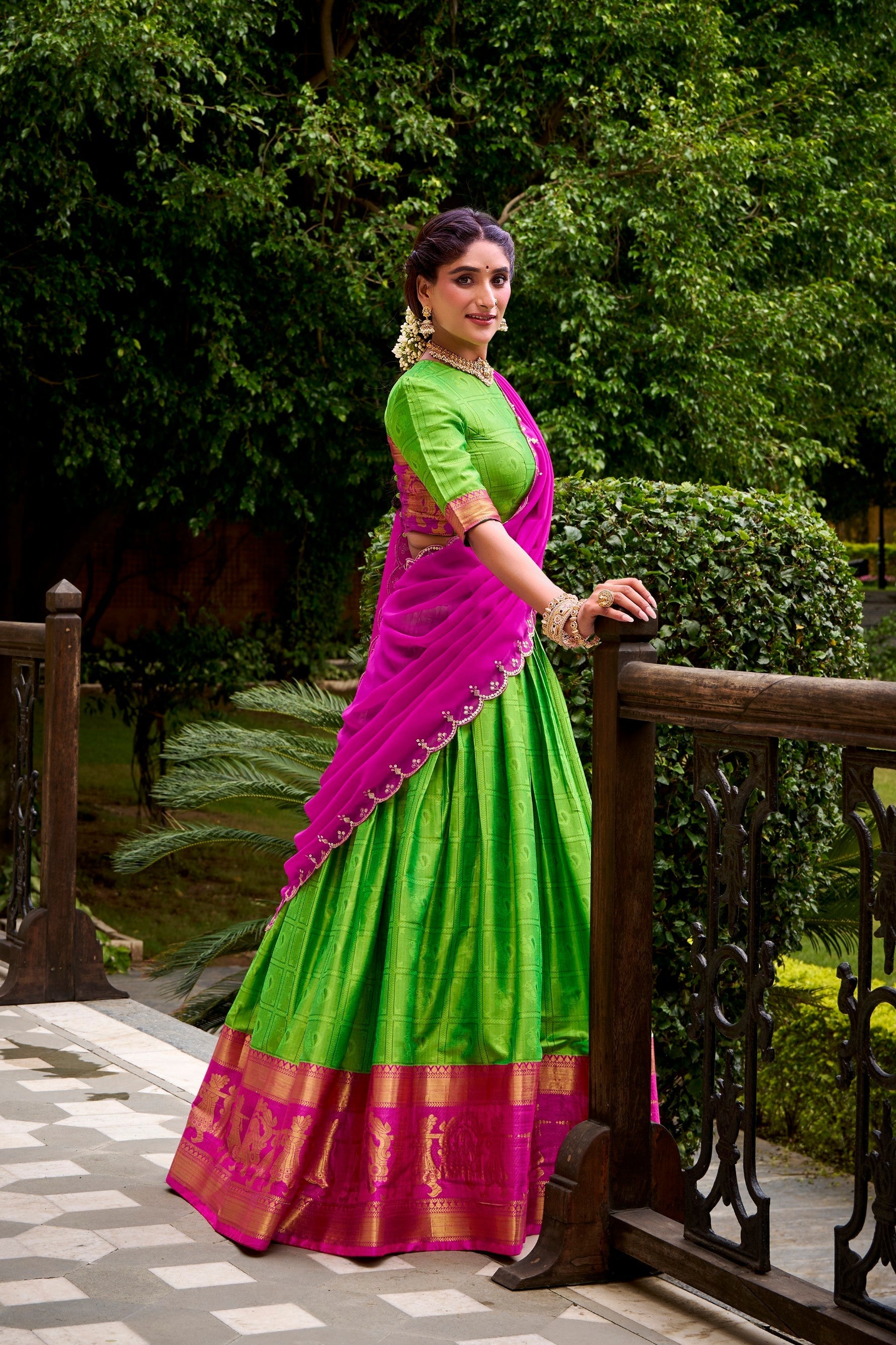 Lorenvalley Fashion Parrot Green Poly Cotton Zari Weaving Work Lehenga Choli with Dupatta 