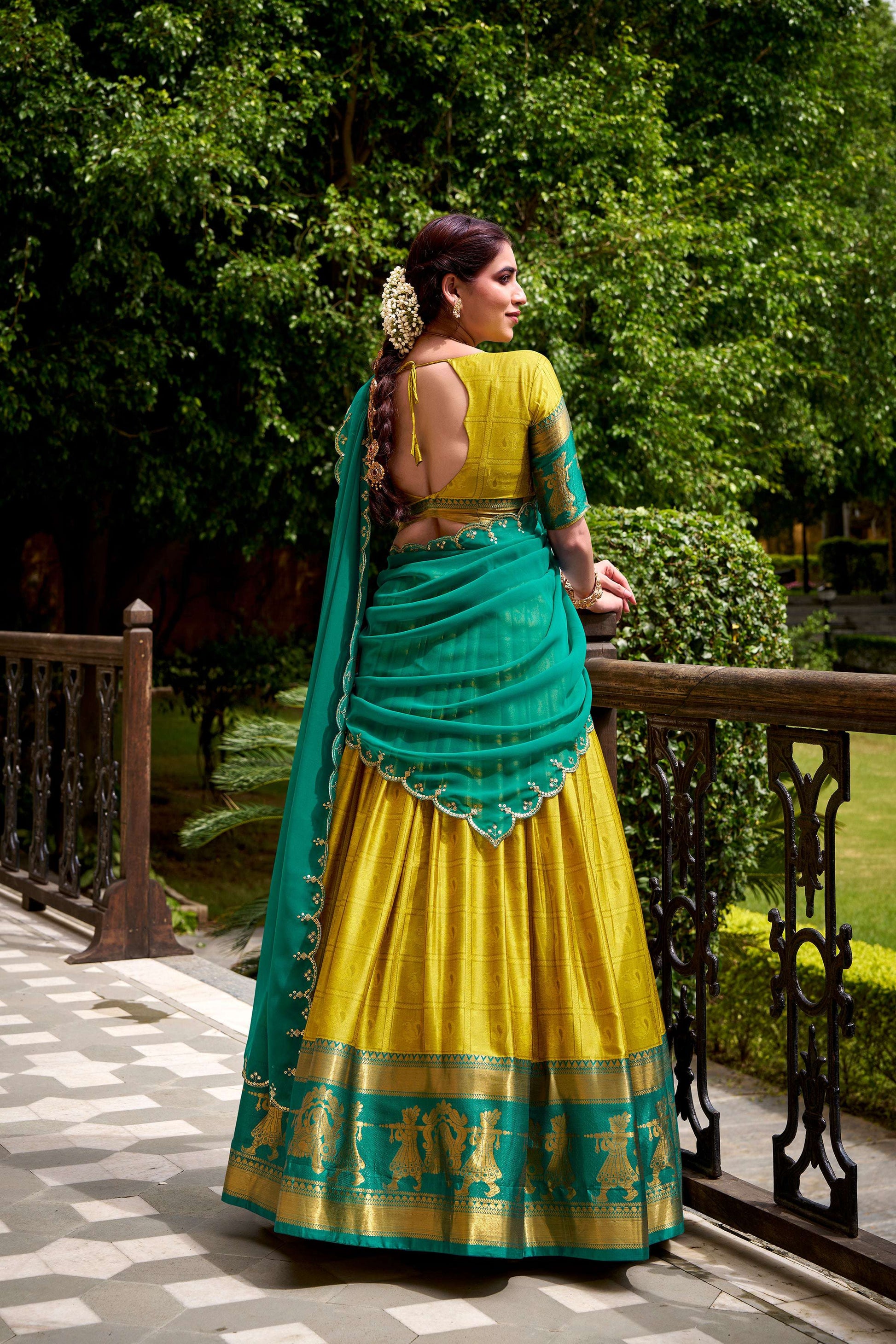 Evanik Traditional Yellow Poly Cotton Half Saree With Zari Weaving Work Lehenga Choli