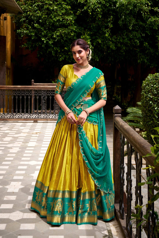 Evanik Traditional Yellow Poly Cotton Half Saree With Zari Weaving Work Lehenga Choli