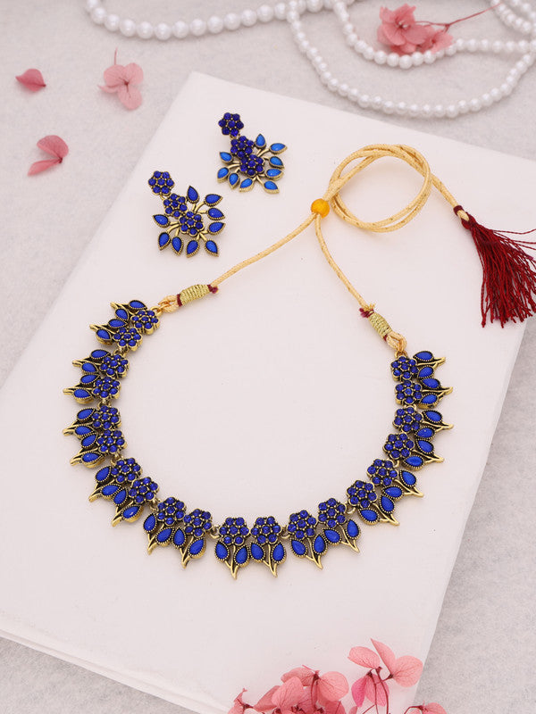 Tehzeeb Creations Blue Colour Gold Pleated Stone Studded Necklace With Earrings Tehzeeb Creations