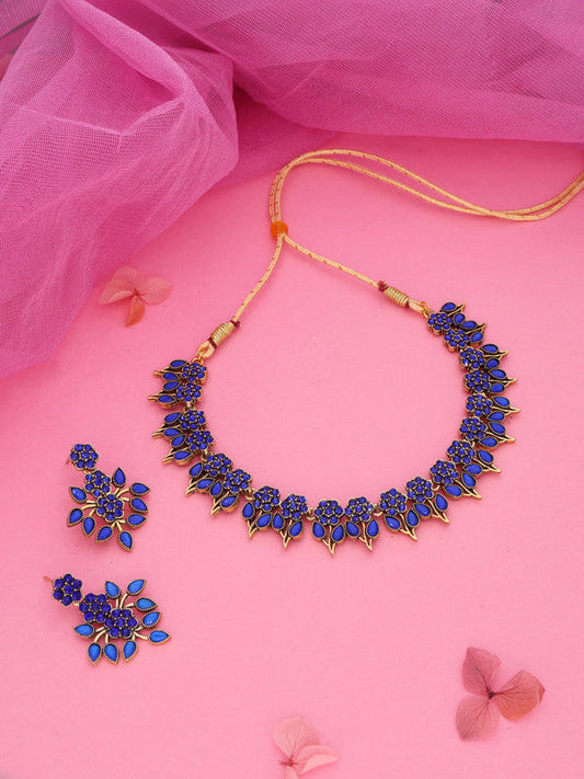 Tehzeeb Creations Blue Colour Gold Pleated Stone Studded Necklace With Earrings Tehzeeb Creations